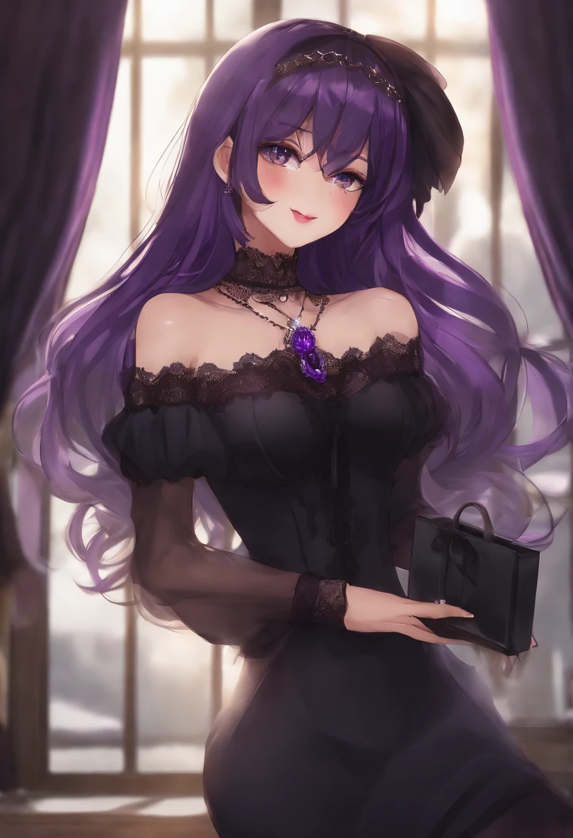 Charming slender girl with big breasts, slim waist. With loose long dark purple hair. With a fancy purple pendant around her neck. With a cute smile and lush red lips. In an airy sheer black dress with purple fur and a cutout on the chest. In lacy black stockings. On a plain background with uniform light.