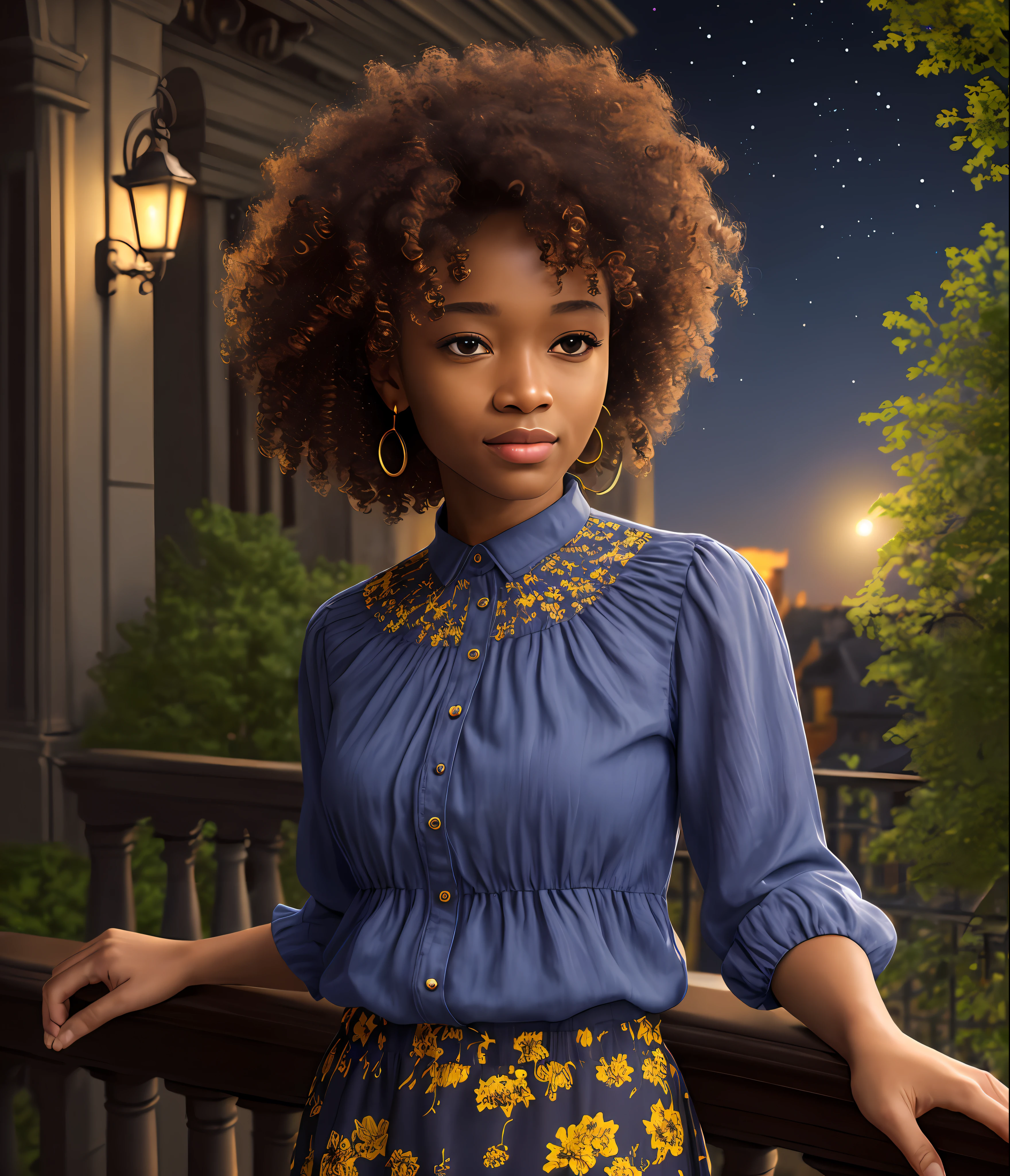 Ultra-realistic, 4k, professional photo, 30 year old girl, (neckline), black girl, girl is on the balcony of a brown mansion, big curly hair, HDR, detailed face, medium body, yellow skirt with flower, (open blue shirt), Masterpiece, (lighting), (1solo), (1girl), detailed background, realistic background, realistic fabric, purple flower tree, detailed eye, detailed mouth, night sky, moonlight, lighting