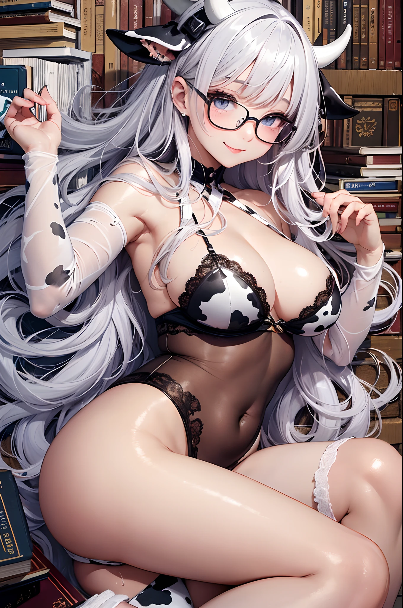 16K Ultra High Definition
Super detailed
Masterpiece Full Color
Shiny detailed hair
Beautiful human woman with long gray hair
Super big breasts beautiful breasts、Sleeping on the floor、a large amount of white milk on the floor,、Books are cluttered、Books and bodies are very wet、
Sexy little underwear with black and white cow print
Cow ears and cow small horns
Shiny skin
Red cheeks
Moist eyes and embarrassed expression
Wearing glasses
tongue、Seduce with a bewitching smile
The background is the library