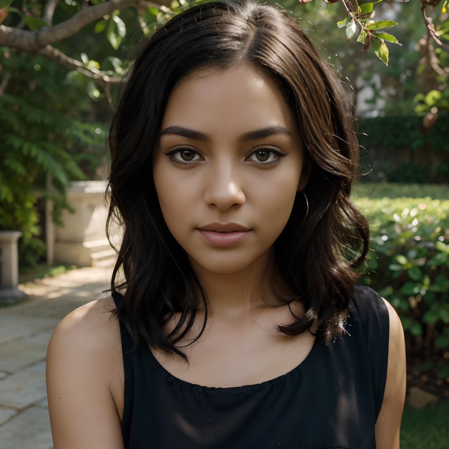 (highres:1.2), black skin tone,black curly hair,dark brown eye,beautiful detailed eyes,beautiful detailed lips,extremely detailed eyes and face,longeyelashes,yellow dress with flowers,in a garden setting,holding a ladybug in hand,standing under a tree's shade,silver background,3D rendering,ultra-detailed,photorealistic,sharp focus,vivid colors,studio lighting
