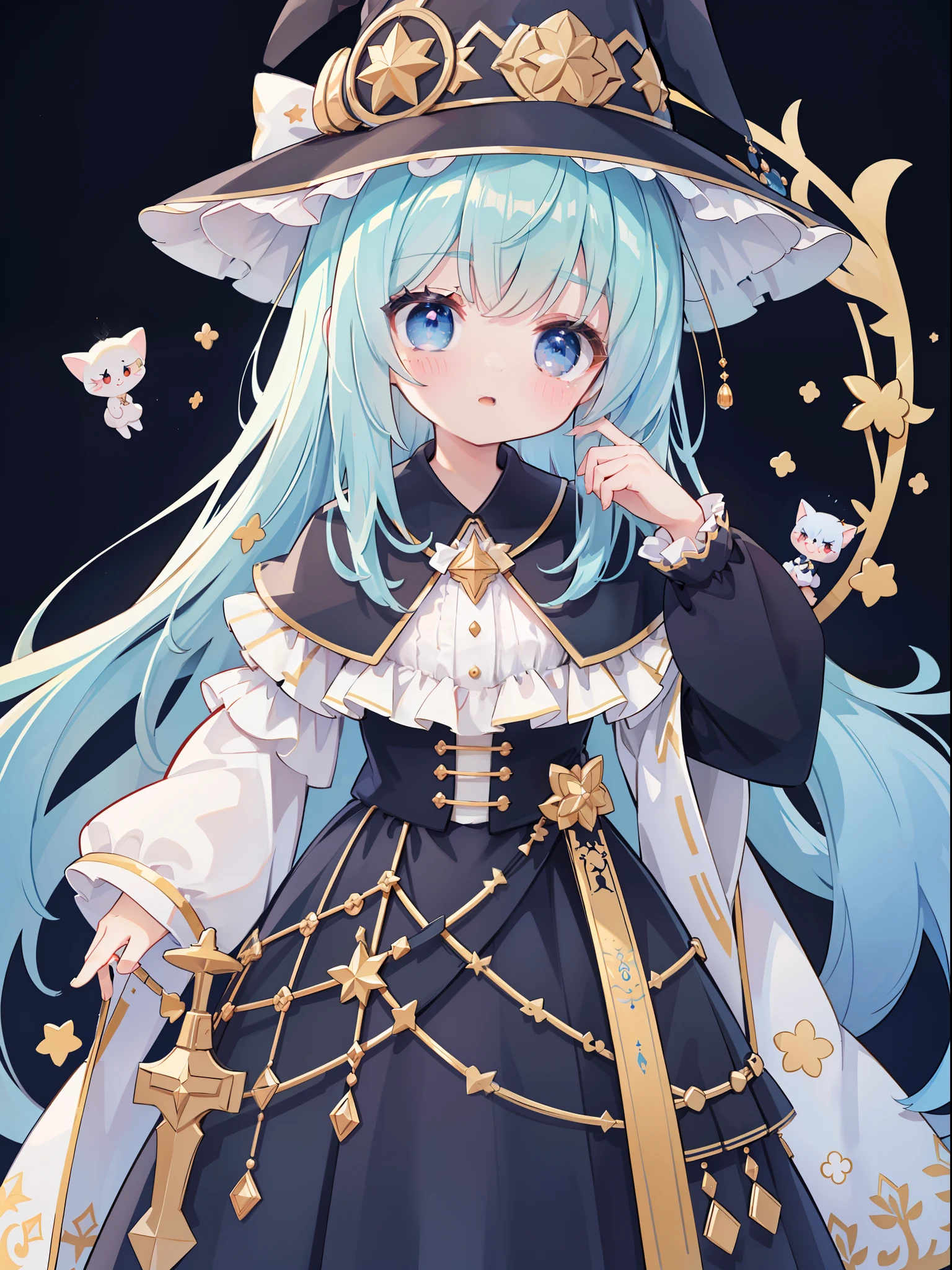 extremely detailed CG unified 8k wallpaper, very fine 8KCG wallpaper, absurderes,Lori ,Best Quality ,ultra-detailliert ,Beautiful face ,masterpiece、masterpiece、Top image quality、top-quality、Pattsun bangs、witch costume、witch's hat、Light blue face、Two-side-up、Light blue eyes、cute little