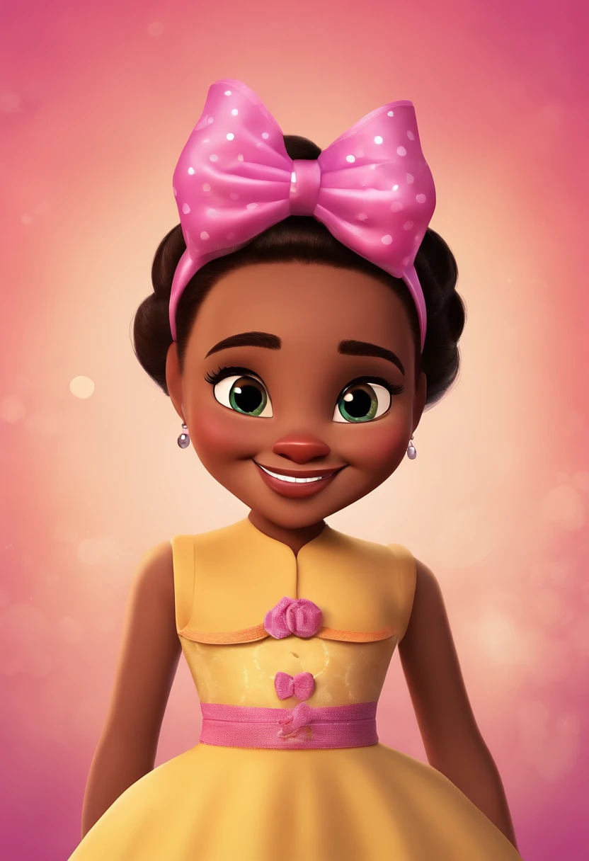 Disney Pixar Inspired Movie Poster, felina magra branca com orelha esquerda e cauda pretas, With happy smile and pink bow on her head. The scene should be in the distinct digital art style, with vibrant colors and detailed textures characteristic of animations