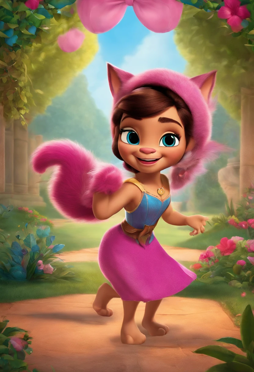 Disney Pixar Inspired Movie Poster, felina magra branca com orelha esquerda e cauda pretas, With happy smile and pink bow on her head. The scene should be in the distinct digital art style, with vibrant colors and detailed textures characteristic of animations