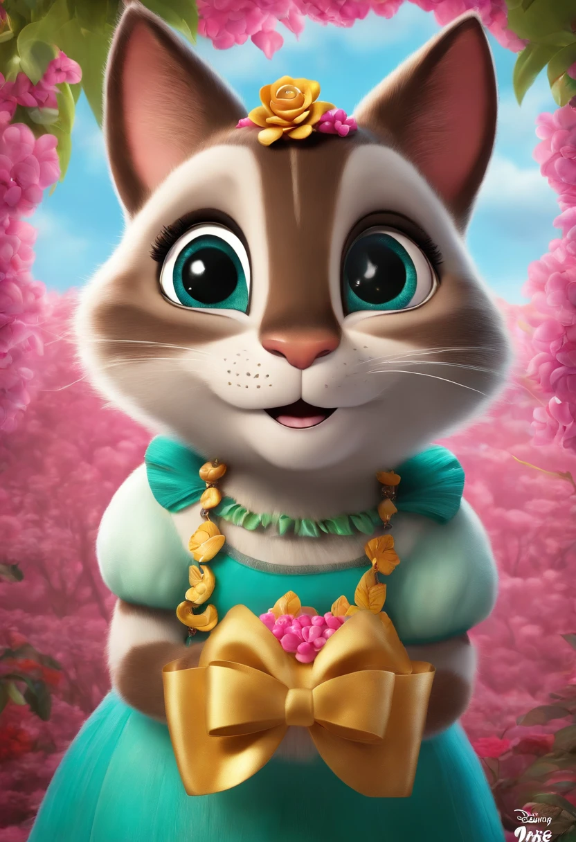 Disney Pixar Inspired Movie Poster, felina magra branca com orelha esquerda e cauda pretas, With happy smile and pink bow on her head. The scene should be in the distinct digital art style, with vibrant colors and detailed textures characteristic of animations