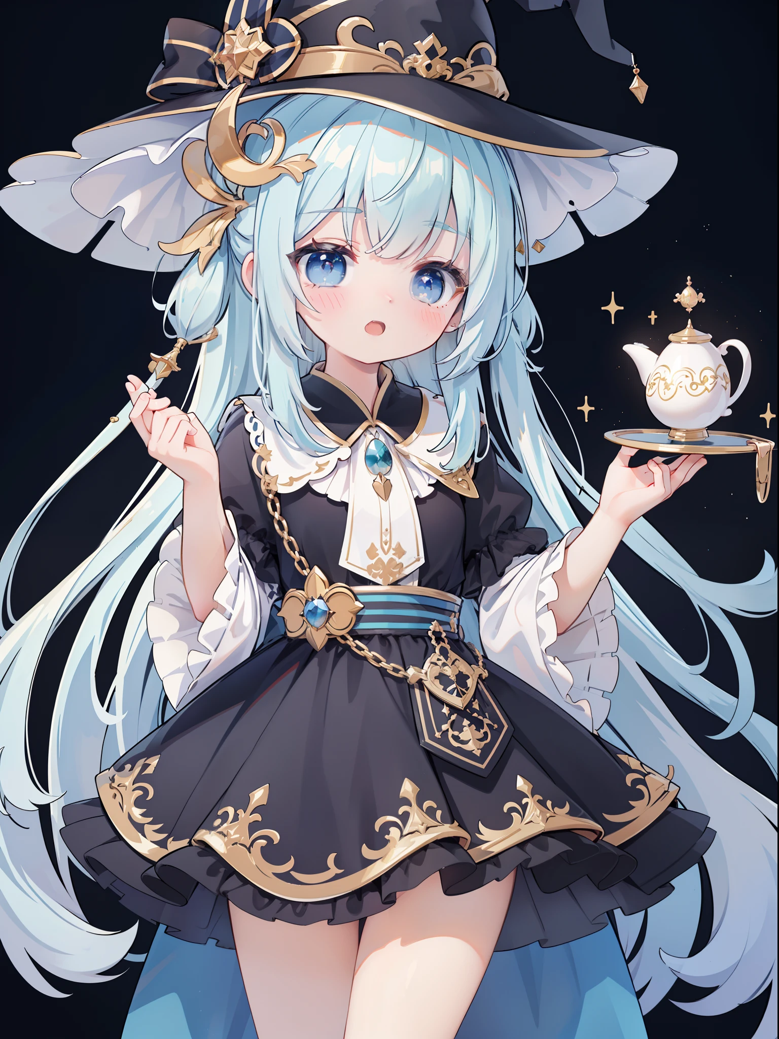 extremely detailed CG unified 8k wallpaper, very fine 8KCG wallpaper, absurderes，Lori ，Best Quality ，ultra-detailliert ，Beautiful face  ，​masterpiece、​masterpiece、Top image quality、top-quality、Pattsun bangs、witch costume、witch's hat、Light blue face、Two-side-up、Light blue eyes、cute little
