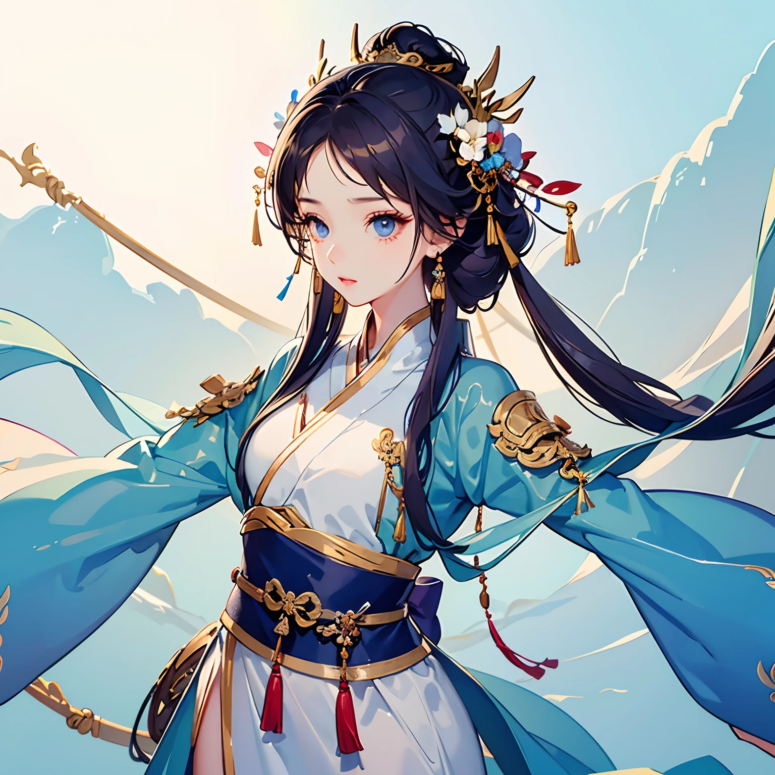 una joven Coreana,de cuerpo completo de pies a cabeza, color de piel blanca, ojos azules, Vestido con una mujer Hanbok se compone de los Jeogori (chaqueta corta de manga larga que cubre el pecho), la chima (falda amplia), el dongjeong (un cuello blanco que contrasta y armoniza la parte superior del vestuario), el goreum (Tie belt that even the jeogori), el kkeutdong (especie de brazalete