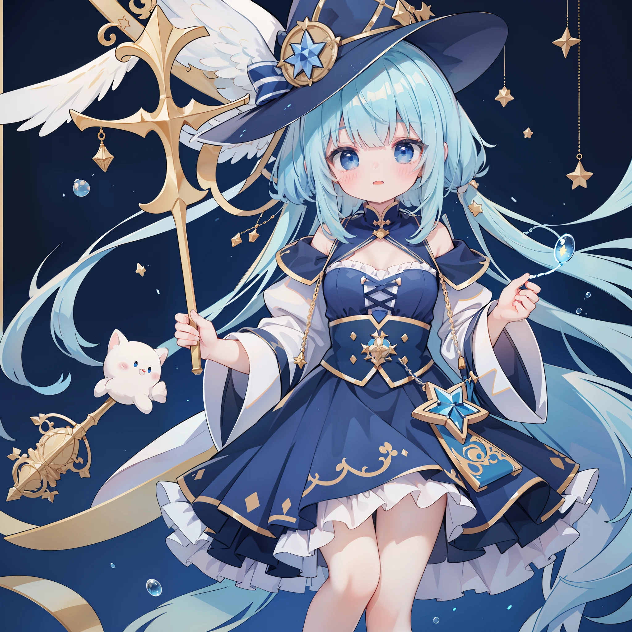 extremely detailed CG unified 8k wallpaper, very fine 8KCG wallpaper, absurderes,Lori ,Best Quality ,ultra-detailliert ,Beautiful face ,masterpiece、masterpiece、Top image quality、top-quality、Pattsun bangs、Blue hair、Light blue witch costume、witch's hat、Light blue face、Two-side-up、Light blue eyes、cute little