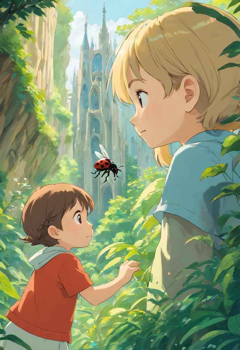 image of a mystified child discovering an unusual organic beetle, in the style of antoni gaudi, over the shoulder shot, daytime, detailed