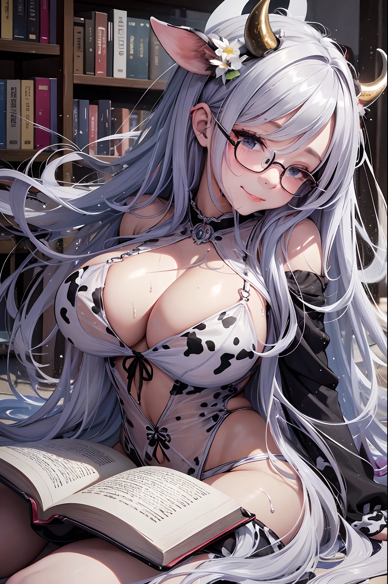 16K Ultra High Definition
Super detailed
Masterpiece Full Color
Shiny detailed hair
Beautiful human woman with long gray hair
Super big breasts beautiful breasts、Sleeping on the floor、A large number of white slime on the floor、Books are cluttered、Books and bodies are very wet、
Sexy little underwear with black and white cow print
Cow ears and cow small horns
Shiny skin
Red cheeks
Moist eyes and embarrassed expression
Wearing glasses
tongue、Seduce with a bewitching smile
The background is the library