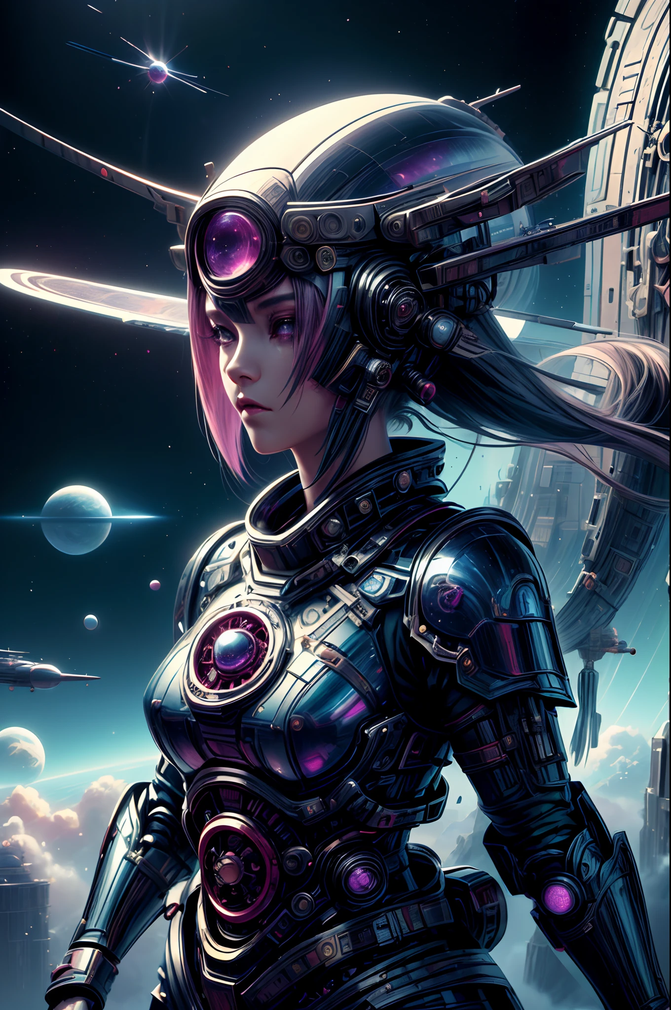 "Sci-fi painting, enigmatic girl shinobi, katana wielder, space wanderer, planetes in the distance, futuristic science fiction, misty ambiance, (otherworldly allure)"