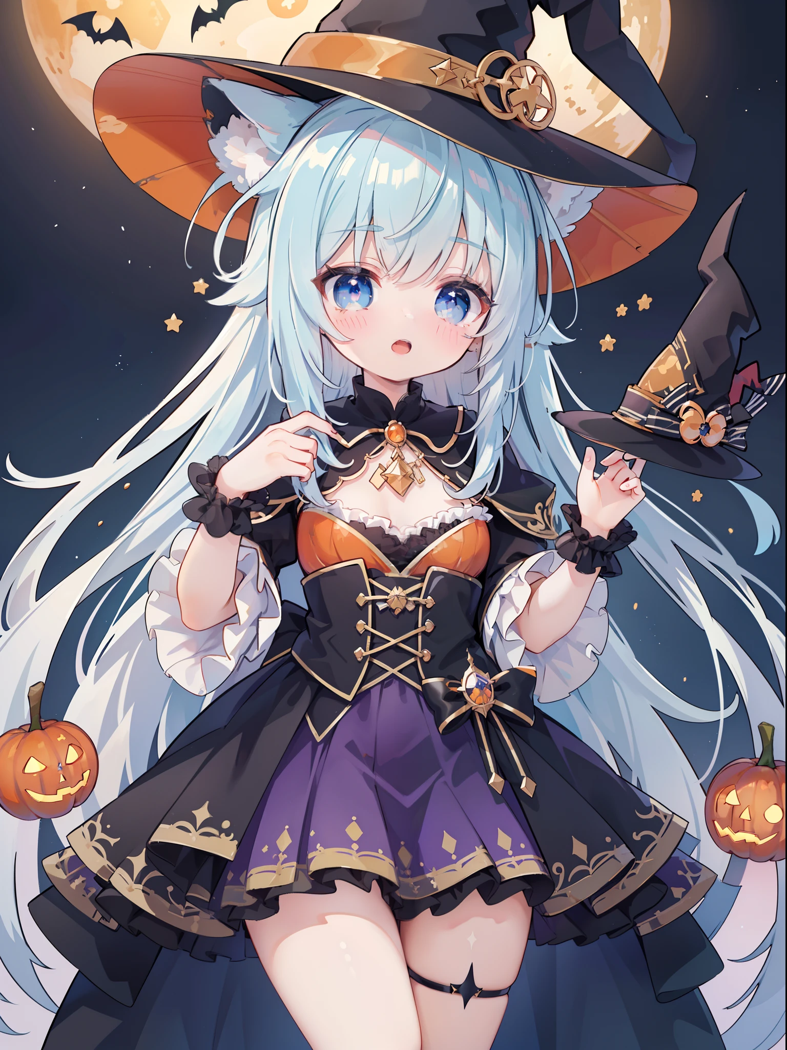 Japanese schoolgirl、Idol、A girl surrounded by a fantastic blue flame,Blue flame aura all over the body、Woman static electricity、Multiple blue fire balls、Halloween Costumes, Pointy hat、Decorated pumpkins with intricate haunted house motifs.((Blue Bat))、Old clock tower、fantasy landscape、A blue light emanates from her chest and spreads through her veins、Blue Flame Fantasy、Halloween Master、((Glowing blue cat))、2Animals