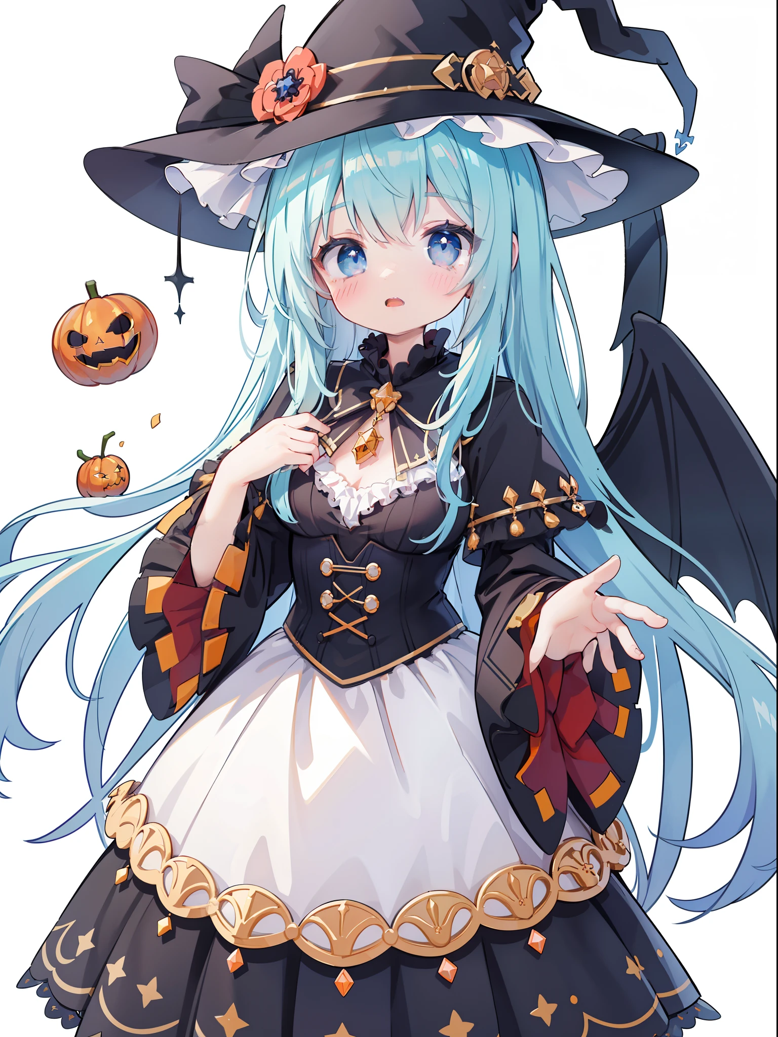 extremely detailed CG unified 8k wallpaper, very fine 8KCG wallpaper, absurderes，Lori ，Best Quality ，ultra-detailliert ，Beautiful face  ，​masterpiece、​masterpiece、Top image quality、top-quality、 witch costume、witch's hat、Light blue eyes、cute , whimsical , magical , colorful, bright colors, Halloween color theme