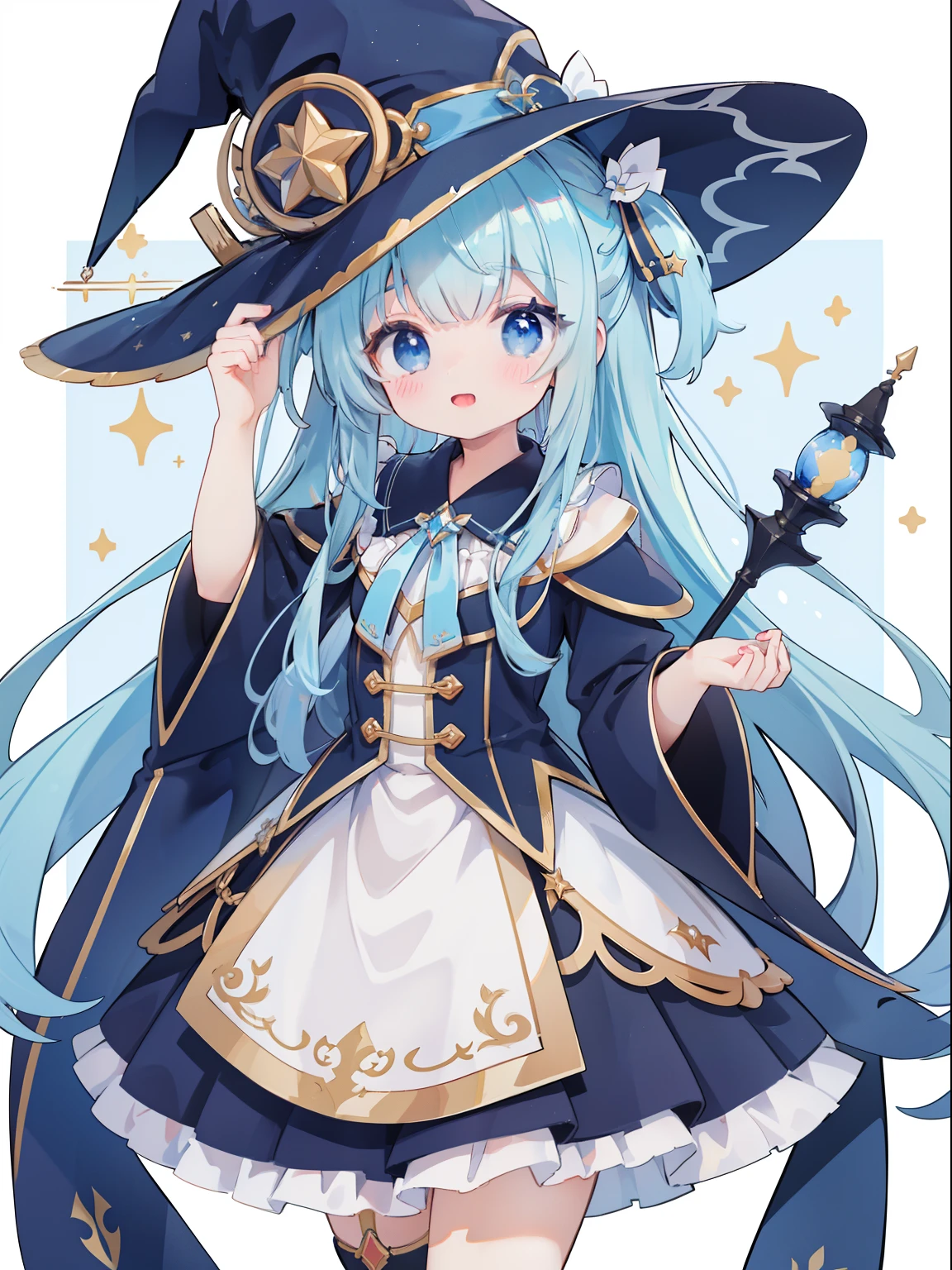 extremely detailed CG unified 8k wallpaper, very fine 8KCG wallpaper, absurderes，Lori ，Best Quality ，ultra-detailliert ，Beautiful face  ，​masterpiece、​masterpiece、Top image quality、top-quality、Pattsun bangs、Blue hair、Light blue witch costume、witch's hat、Light blue face、Two-side-up、Light blue eyes、cute little