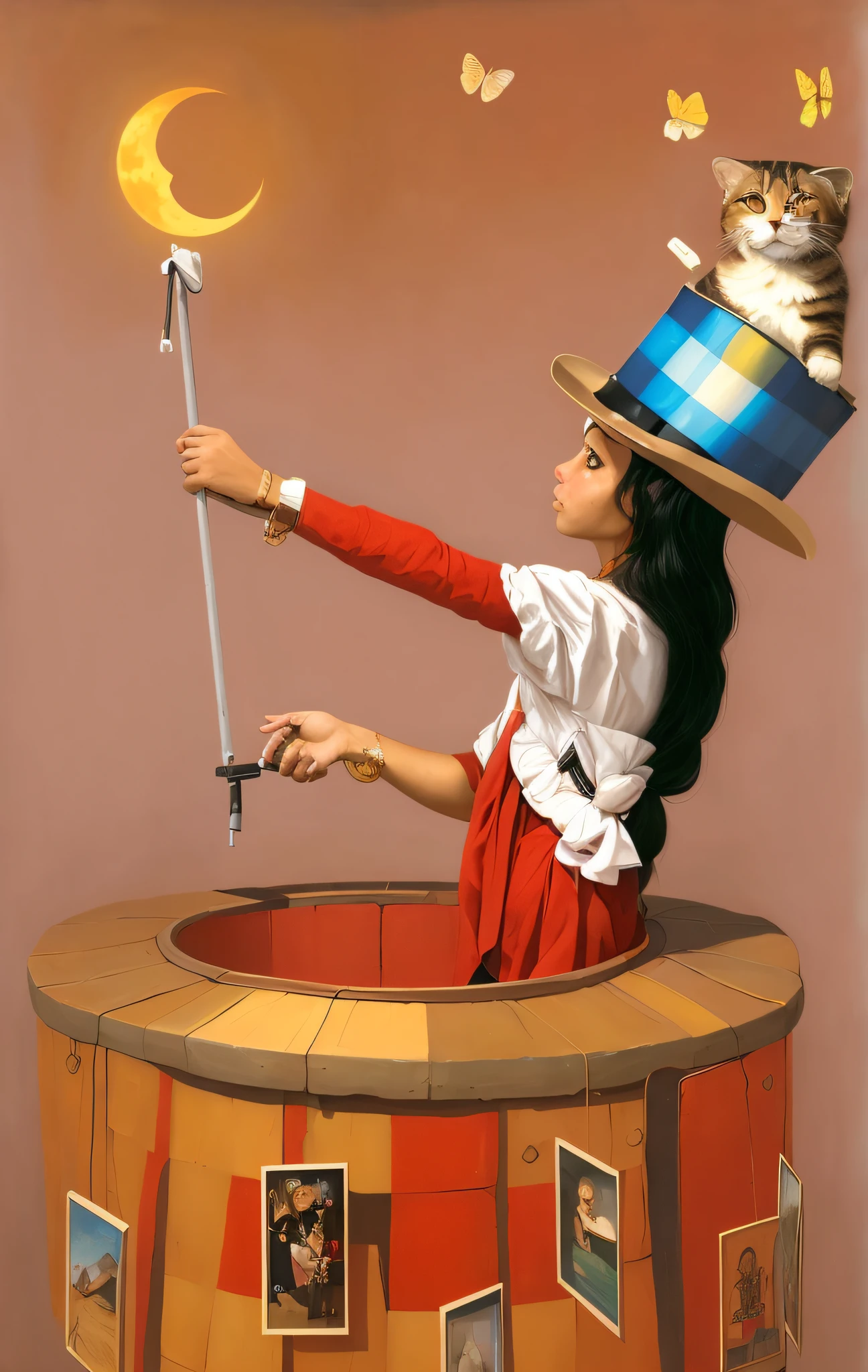 pintura de uma mulher em uma cartola segurando uma varinha e um gato, magical realism bizarre art, Adriano Borda, !!!esao andrews!!!, esao andrews : : ornado, Andrews Esao Artstyle, inspirado em Esao Andrews, Estilo de Esao Andrews, inspirado no ESAO, magic realism painting, magica, cortando o ar. Surrealismo pop