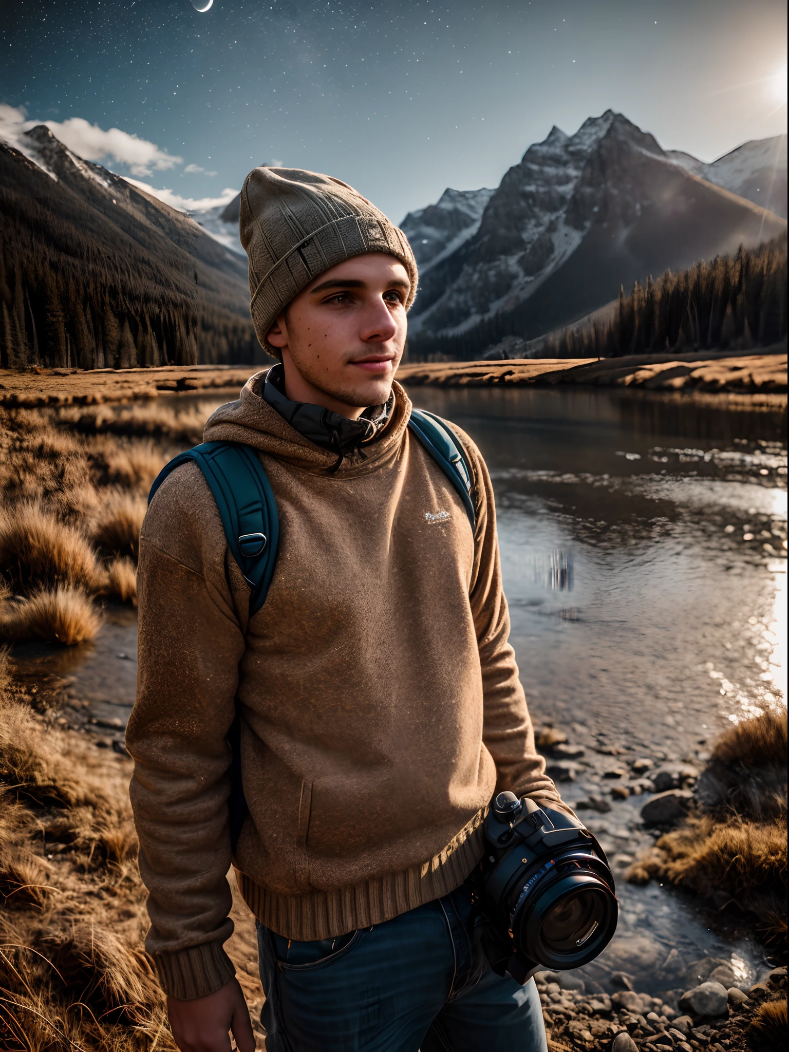 1 young man ((upper body selfie, happy)), masterpiece, best quality, ultra-detailed, solo, outdoors, (night), mountains, nature, (stars, moon) cheerful, happy, backpack, sleeping bag, camping stove, water bottle, mountain boots, gloves, sweater, hat, flashlight, forest, rocks, river, wood, smoke, shadows, contrast, clear sky, analog style (look at viewer:1.2) (skin texture) (film grain:1.3), (warm hue, warm tone)
:1.2), close up, cinematic light, sidelighting, ultra high res, best shadow, RAW, upper body, old man, wearing pullover