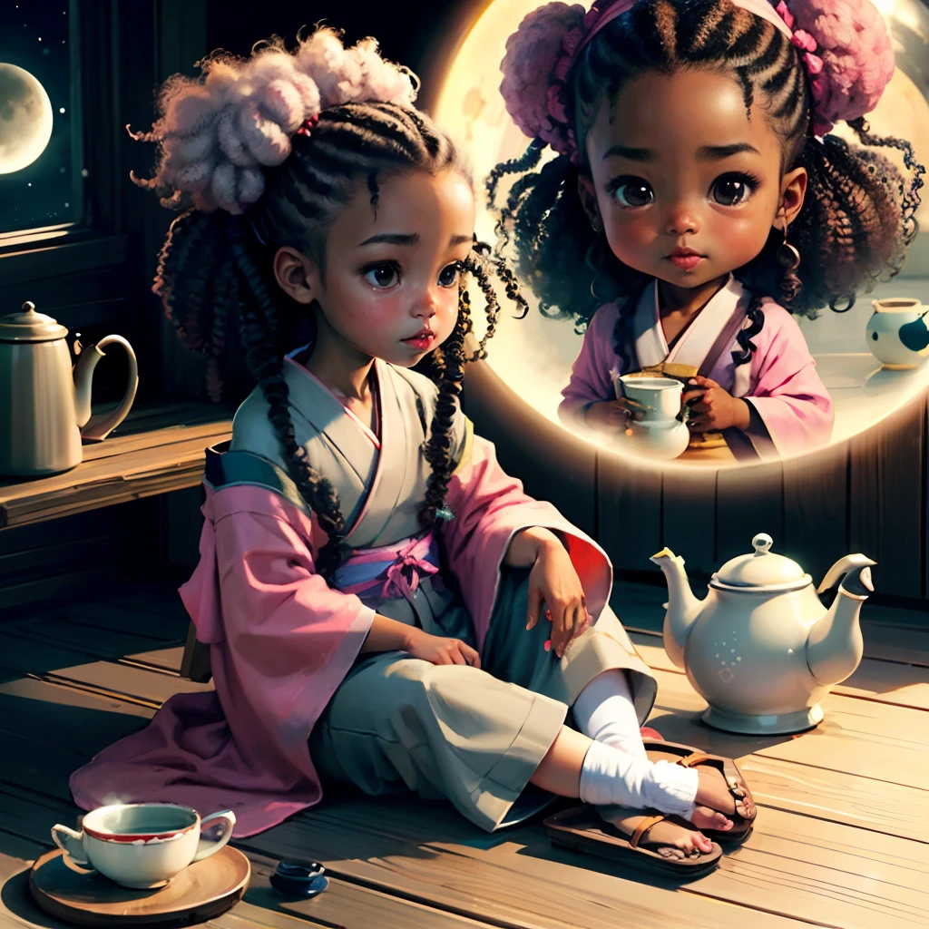 Cute dark brown skinned baby chibi anime, grey and pink kimono, sit in the teapot, moon, clear toes, clear feet, freckle on the face, wear sandals, hair tied up, Afro hair, long curly hair