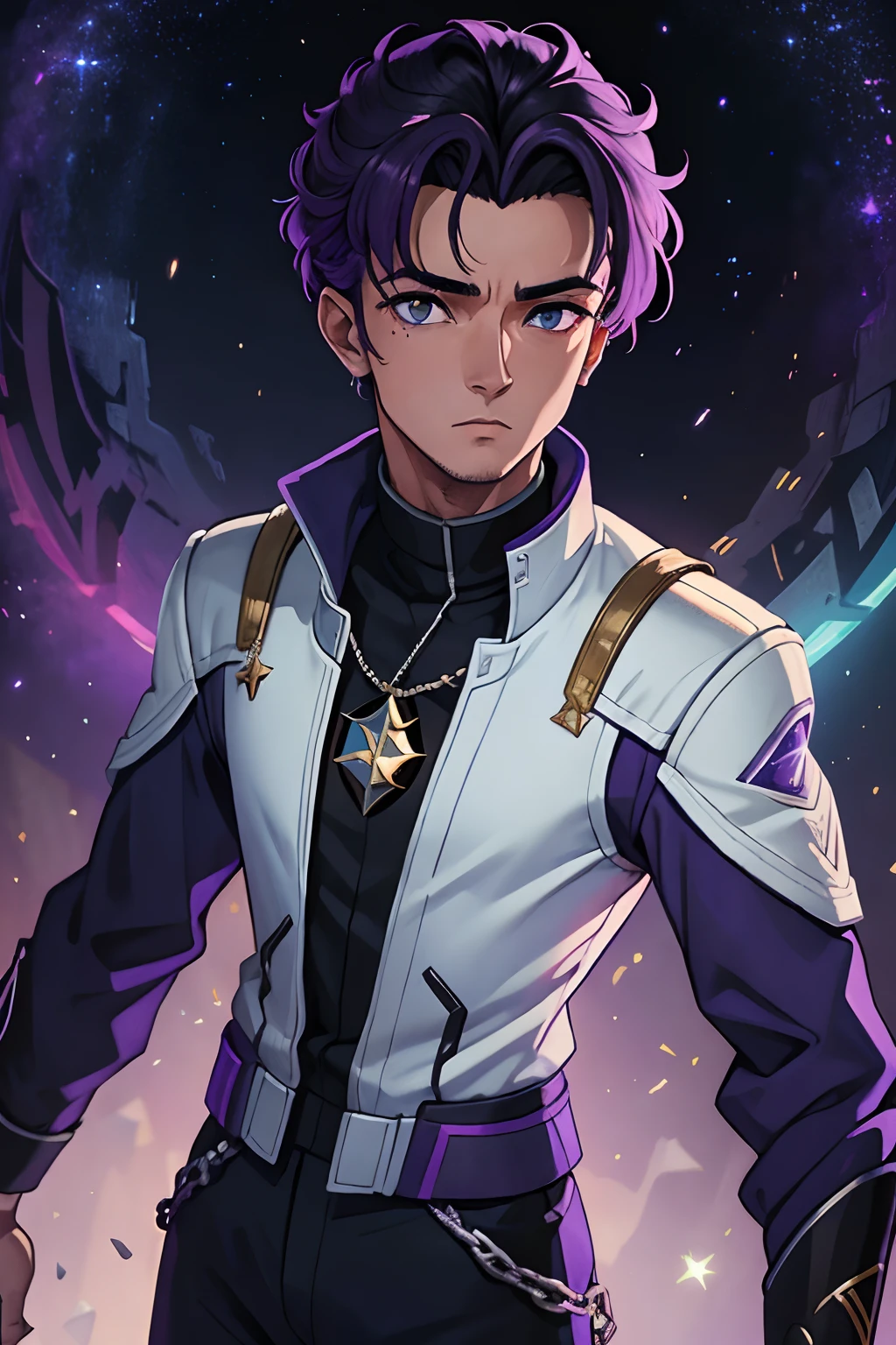 foto de um jovem mago bonito, vestes de mago roxo com detalhes dourados intrincados movendo-se ao vento, longos cabelos brancos, starsector, um retrato de um jovem, fundo em branco, Nicholas Wolfwood