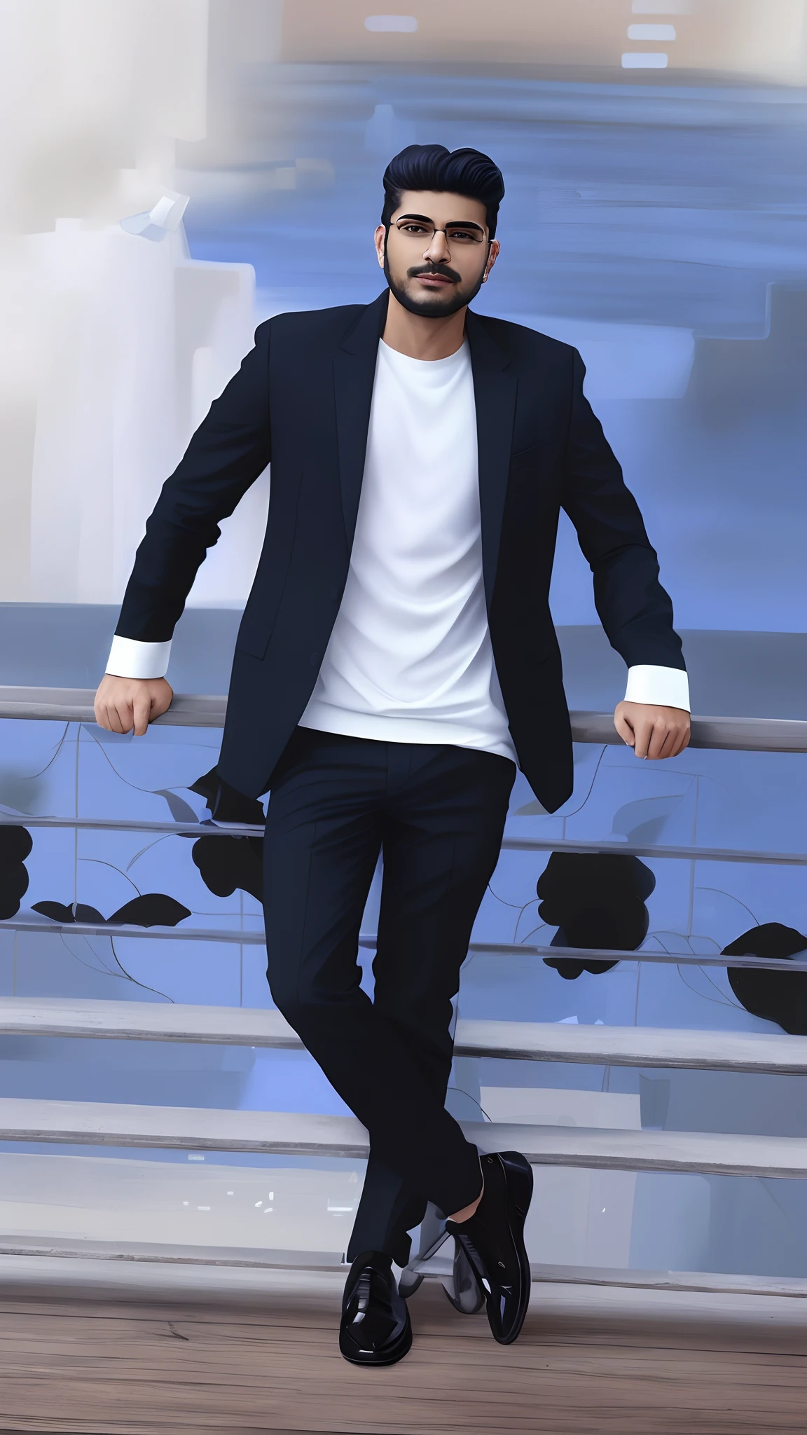 there is a man standing on a railing with his hands in his pockets, stylish pose, [ digital art ]!!, realism artstyle, !!full body portrait!!, digital art of an elegant, inspired by Saurabh Jethani, doing an elegant pose, digital art!!, in style of digital art, handsome anime pose, made with photoshop