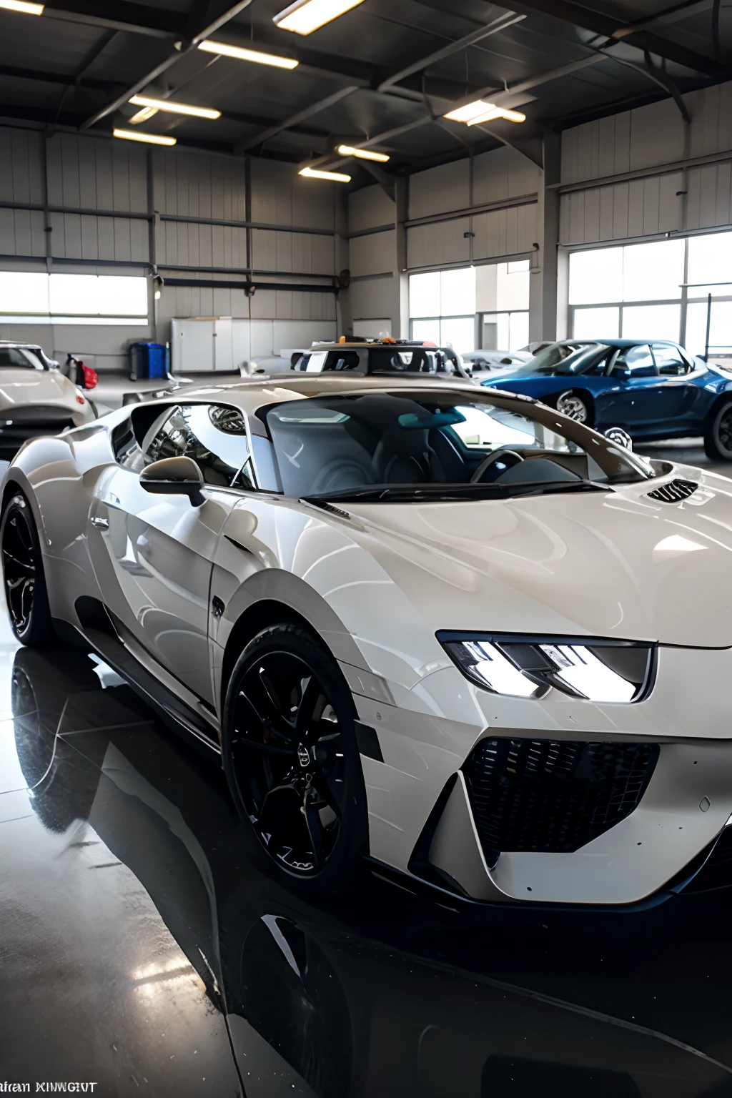 Masterpiece:1.2, Best Quality), Realistic, (real picture, intricate details, Depth of field:1,8 ),beste-Qualit, 4k, 8K, shot on Hasselblad XCD 4, Old Bugatti Sports Car Model 1930, Smooth Lines, Black Shiny, with a thin yellow stripe along the body, Stands in the hangar with artificial lighting, Additional lamp heating in the center, There are large concrete slabs on the floor