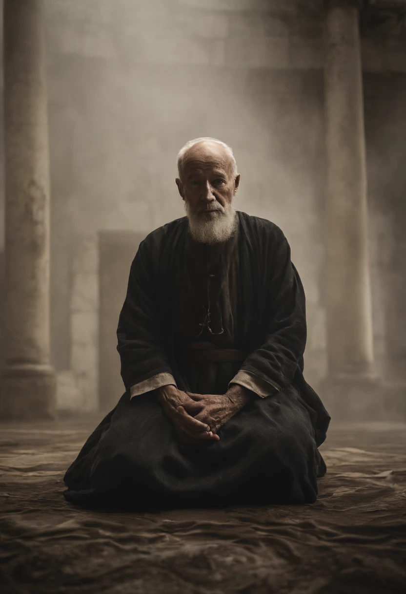 There were two men in the room, One of the men was kneeling,The other man was standing。The kneeling man was a haggard old man,mtu,80-year-old,bald-headed,There is a white beard,Long white eyebrows,Straighten your back,with hands behind her back,of a shirtless,No muscles,emaciated,Knees on the ground,kneels on the ground,Wait for execution,There is a rope on the body,The expression is scared。The one who stands is the executioner,Prepare to kill the kneeling old man。high qulity,8K clear,detail-rich,frontal photos。