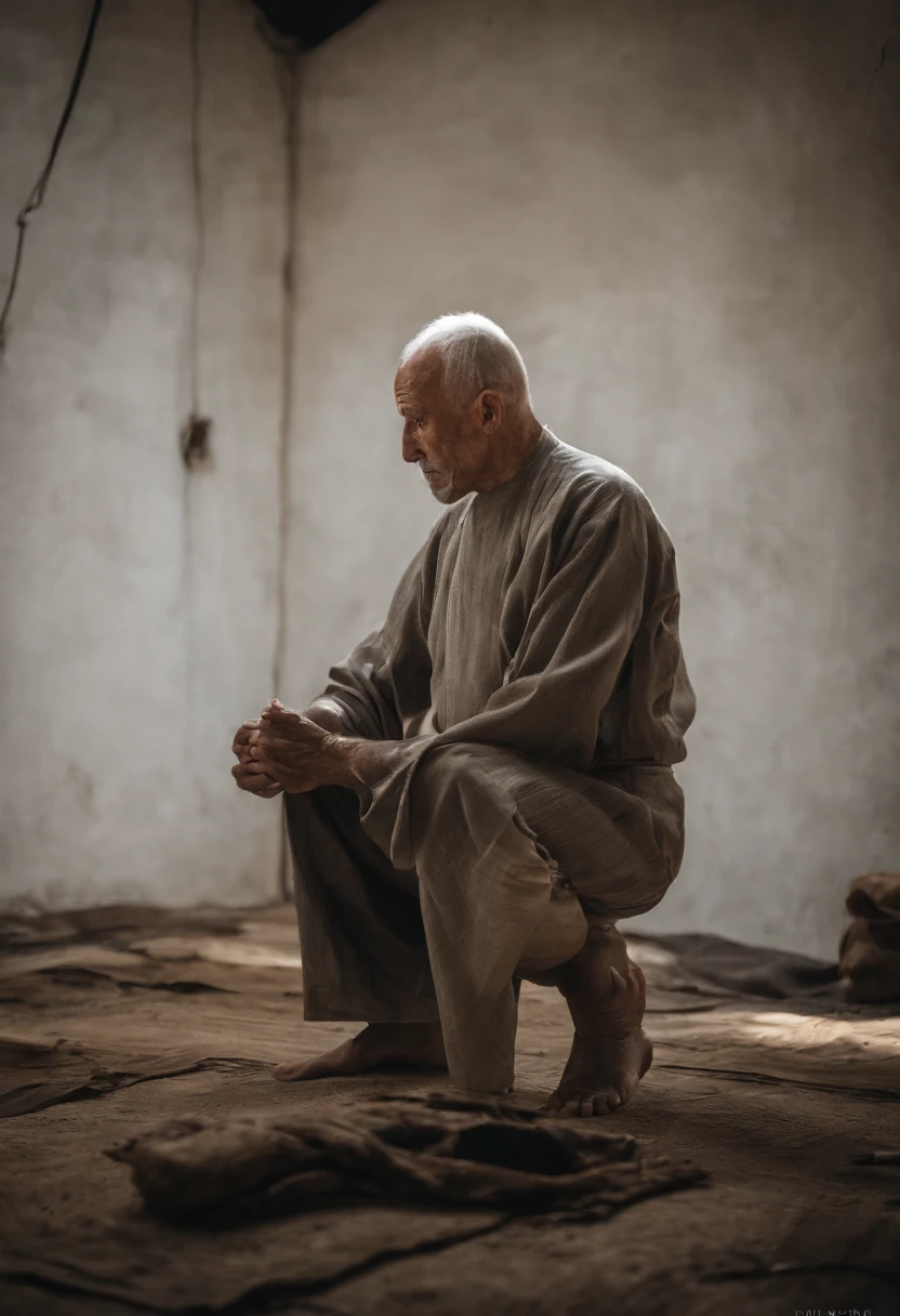 There were two men in the room, One of the men was kneeling,The other man was standing。The kneeling man was a haggard old man,mtu,80-year-old,bald-headed,There is a white beard,Long white eyebrows,Straighten your back,with hands behind her back,of a shirtless,No muscles,emaciated,Knees on the ground,kneels on the ground,Wait for execution,There is a rope on the body,The expression is scared。The one who stands is the executioner,Prepare to kill the kneeling old man。high qulity,8K clear,detail-rich,frontal photos。