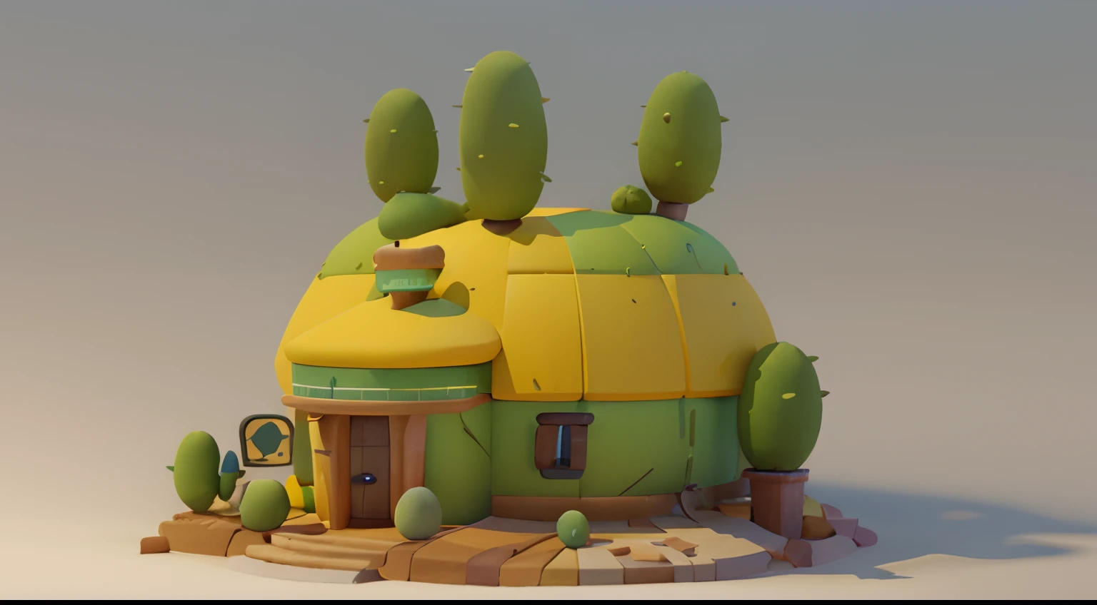 Game architectural design, Cartoony,Cactus House,The cactus matches the architecture,casual game style, Cactus architecture,C4D,closeup cleavage,tmasterpiece,super detailing,best qualtiy