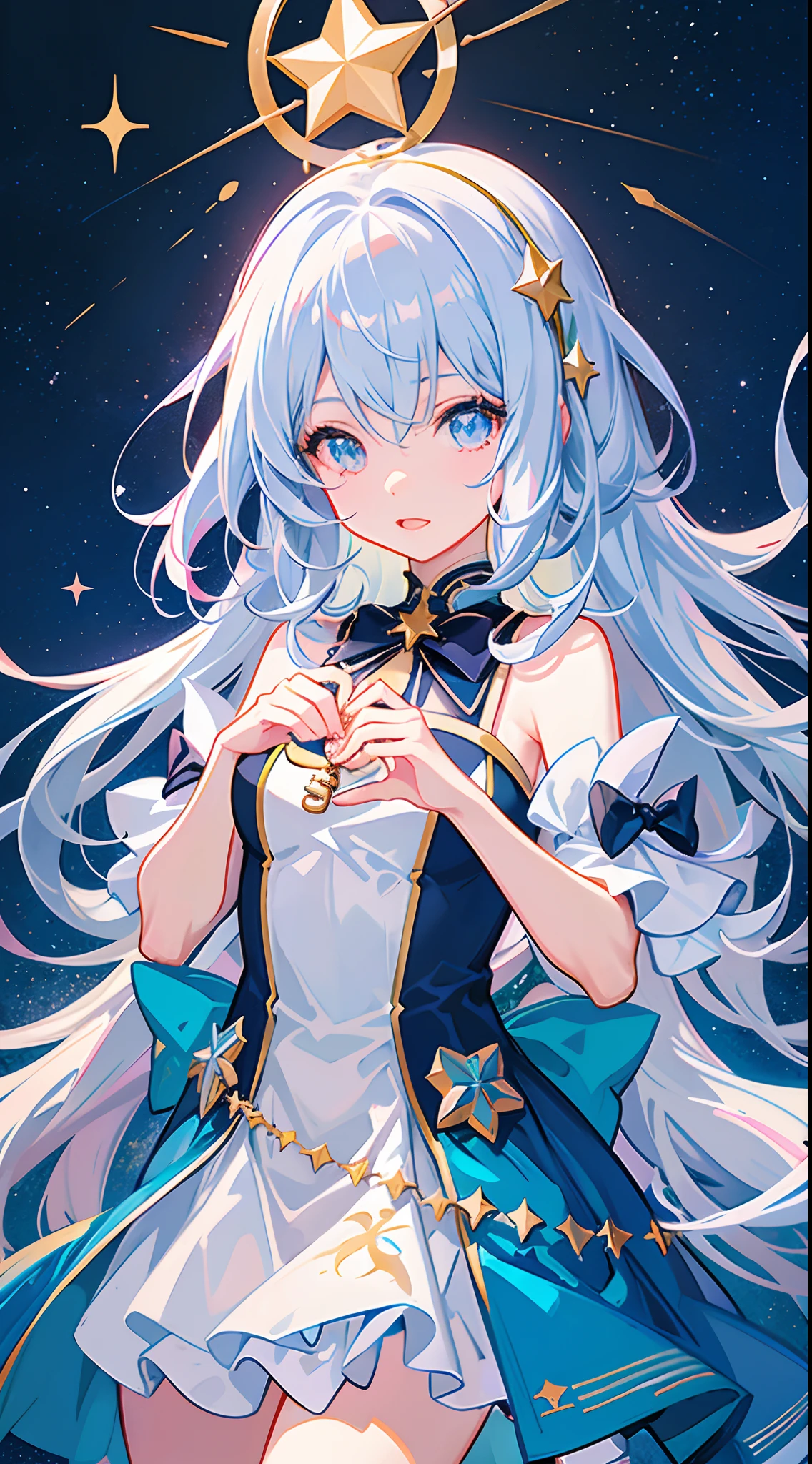 Anime girl with a star and a wand on her head, sparkling magical girl, portrait of the magical girl, beautiful celestial mage, Detailed key anime art, Trending on ArtStation pixiv, magical  girl, guweiz on pixiv artstation, high detailed official artwork, Cute anime waifu in a nice dress, Pixiv Contest Winner, anime goddess, official anime artwork