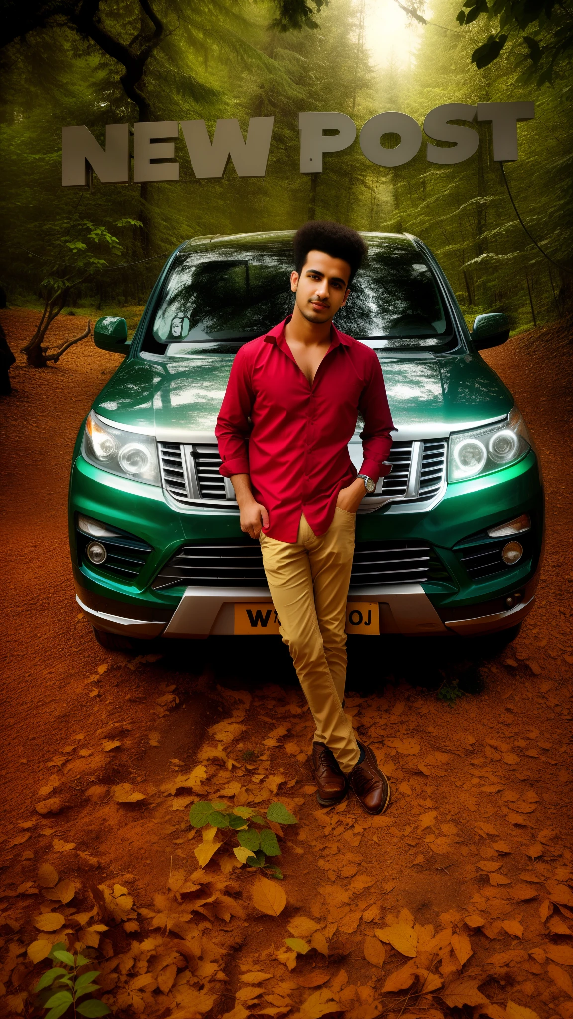 arafed man standing in front of a car with a new post sign, high quality picture, in front of a forest background, mohamed chahin style, very artistic pose, mixed art, stylish pose, edited in photoshop, very very low quality picture, * colour splash *, potrait, picture, around 1 9 years old, riyahd cassiem, candid picture