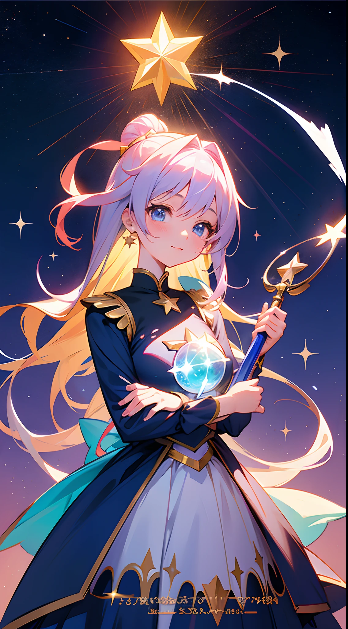 Anime girl with a star and a wand on her head, sparkling magical girl, portrait of the magical girl, beautiful celestial mage, Detailed key anime art, Trending on ArtStation pixiv, magical little girl, guweiz on pixiv artstation, high detailed official artwork, Cute anime waifu in a nice dress, Pixiv Contest Winner, anime goddess, official anime artwork