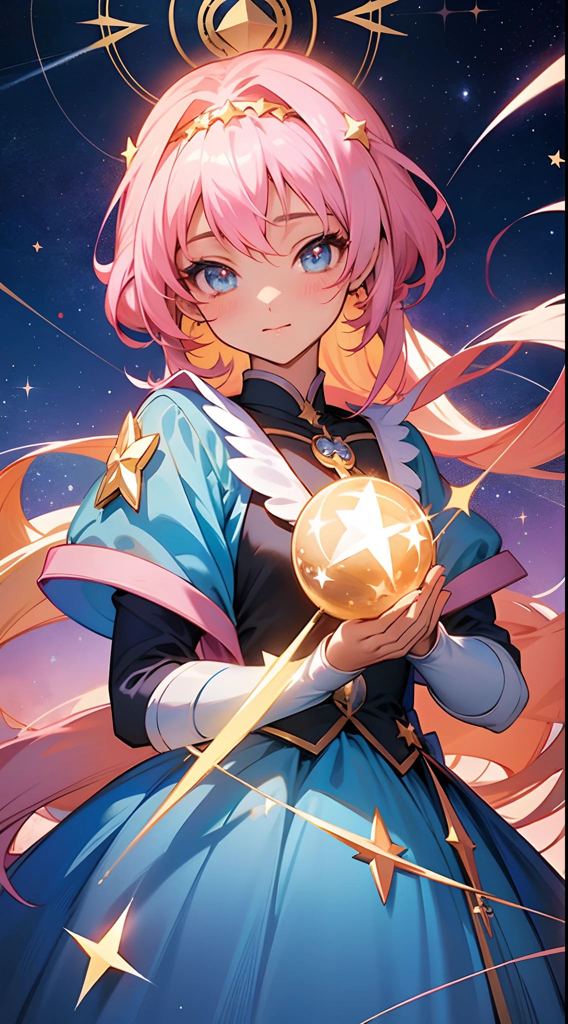 Anime girl with a star and a wand on her head, sparkling magical girl, portrait of the magical girl, beautiful celestial mage, Detailed key anime art, Trending on ArtStation pixiv, magical little girl, guweiz on pixiv artstation, high detailed official artwork, Cute anime waifu in a nice dress, Pixiv Contest Winner, anime goddess, official anime artwork