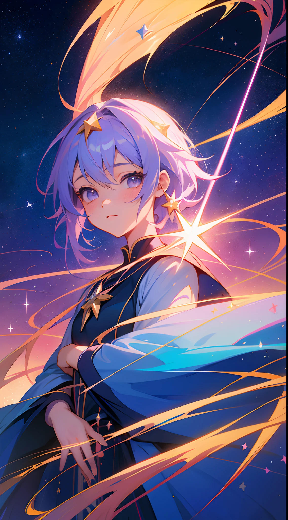 Anime girl with a star and a wand on her head, sparkling magical girl, portrait of the magical girl, beautiful celestial mage, Detailed key anime art, Trending on ArtStation pixiv, magical girl, guweiz on pixiv artstation, high detailed official artwork, Cute anime waifu in a nice dress, Pixiv Contest Winner, anime goddess, official anime artwork