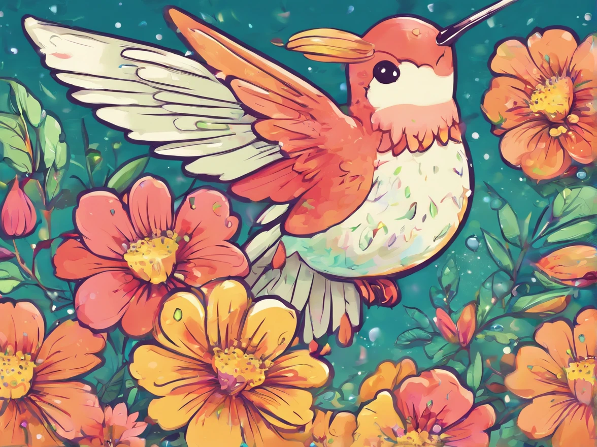 A hummingbird-type bird traveling among flowers of various species Rainy weather