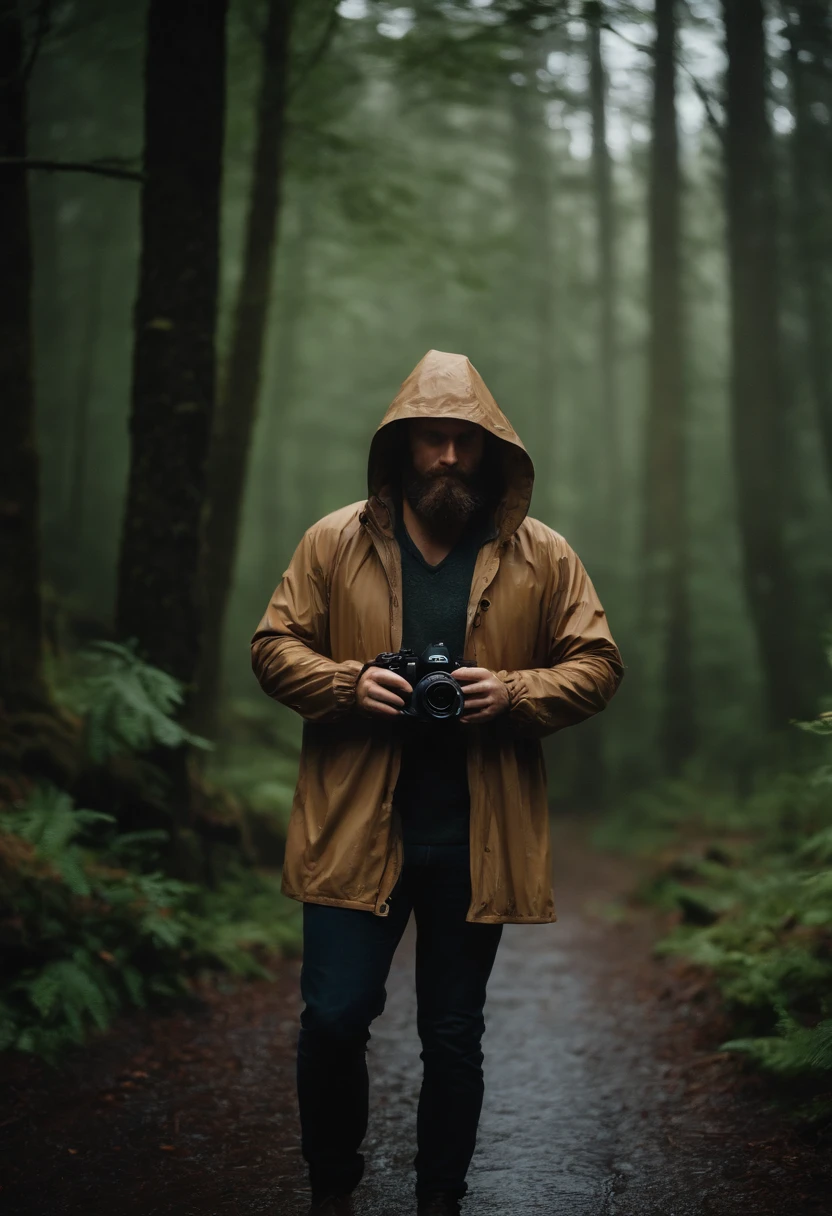 (best quality,4k,highres:1.2),rainy-day photorealistic portrait of a 31-year-old white male photographer in the woods, with a detailed beard and piercing eyes. He is holding a professional camera and wearing a zipped up tan rain jacket with the hood up. The raindrops on the jacket should be visible. The atmosphere should feel serene, with a hint of mystery. The lighting should be soft, with a slight foggy effect. The colors should be natural and muted, emphasizing the rainy ambiance.