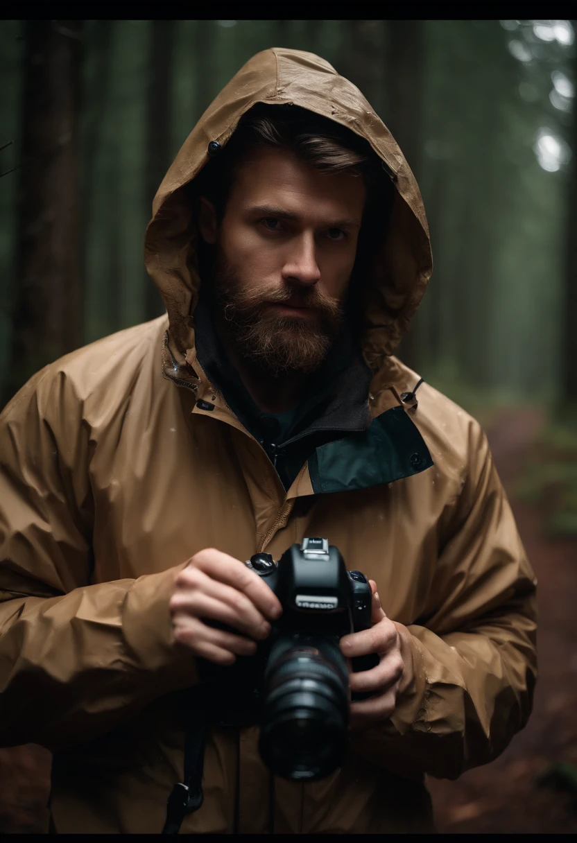 (best quality,4k,highres:1.2),rainy-day photorealistic portrait of a 31-year-old white male photographer in the woods, with a detailed beard and piercing eyes. He is holding a professional camera and wearing a zipped up tan rain jacket with the hood up. The raindrops on the jacket should be visible. The atmosphere should feel serene, with a hint of mystery. The lighting should be soft, with a slight foggy effect. The colors should be natural and muted, emphasizing the rainy ambiance.