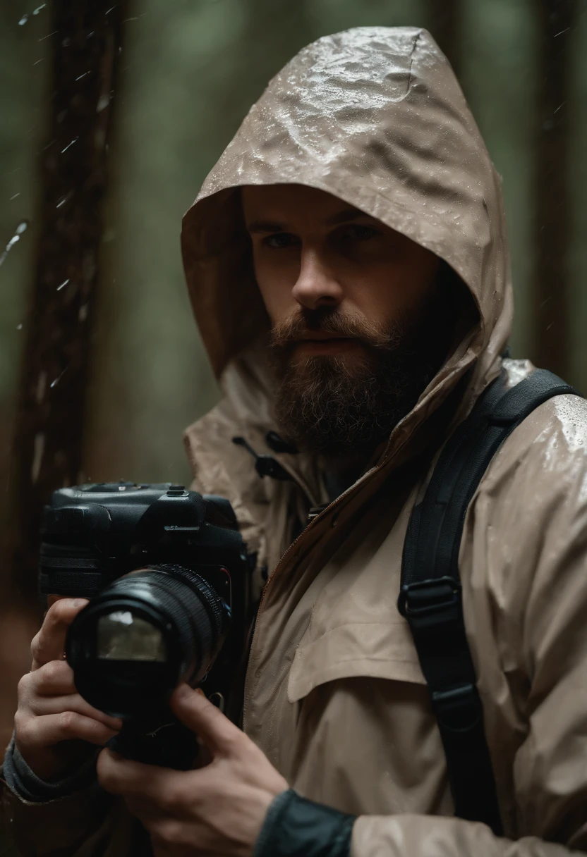 (best quality,4k,highres:1.2),rainy-day photorealistic portrait of a 31-year-old white male photographer in the woods, with a detailed beard and piercing eyes. He is holding a professional camera and wearing a zipped up tan rain jacket with the hood up. The raindrops on the jacket should be visible. The atmosphere should feel serene, with a hint of mystery. The lighting should be soft, with a slight foggy effect. The colors should be natural and muted, emphasizing the rainy ambiance.