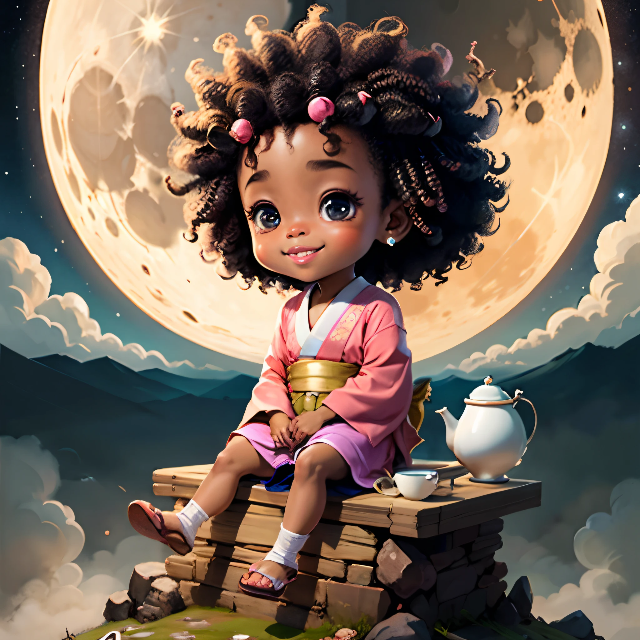 Cute dark brown skinned Afro Goddess  chibi anime, grey and pink kimono, sit in the teapot, moon, clear toes, clear feet, happy on the face, wear sandals, hair tied up, Afro hair, long curly hair