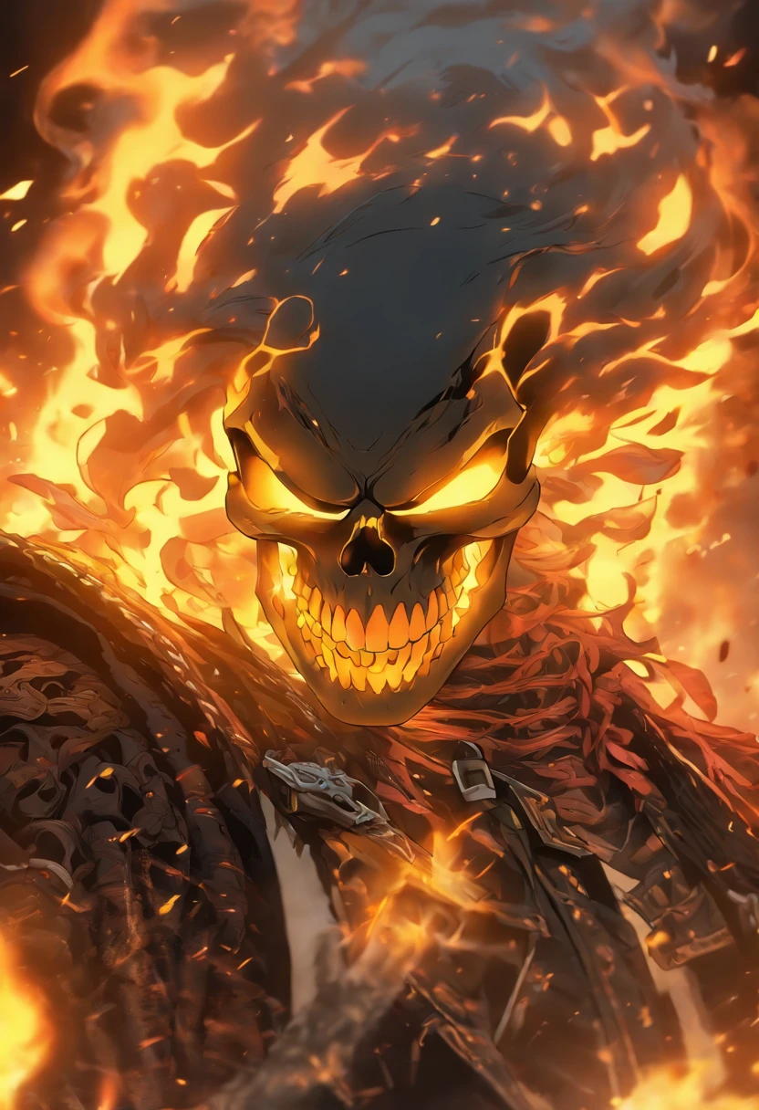 (RAW Photo, Best Quality), (Realistic, Photorealistic Photo: 1.3), Best Quality, Highly Detailed, Masterpiece, Ultra Detailed, Illustration, ghost rider, burning skull, black jacket, black jeans, black shoes, epic background, standing like ghost rider, upper body, ghost riders costume, Best Quality, Extremely Detailed CG Unified 8k Wallpaper, Ink, Amazing, badass look, portrait, close up (skull texture), intricately detailed, fine details, hyperdetailed.
