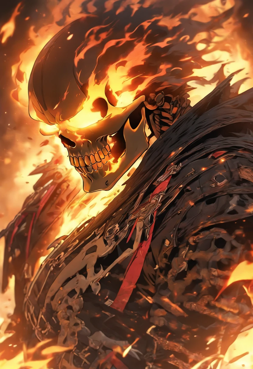 (RAW Photo, Best Quality), (Realistic, Photorealistic Photo: 1.3), Best Quality, Highly Detailed, Masterpiece, Ultra Detailed, Illustration, ghost rider, burning skull, black jacket, black jeans, black shoes, epic background, standing like ghost rider, upper body, ghost riders costume, Best Quality, Extremely Detailed CG Unified 8k Wallpaper, Ink, Amazing, badass look, portrait, close up (skull texture), intricately detailed, fine details, hyperdetailed.