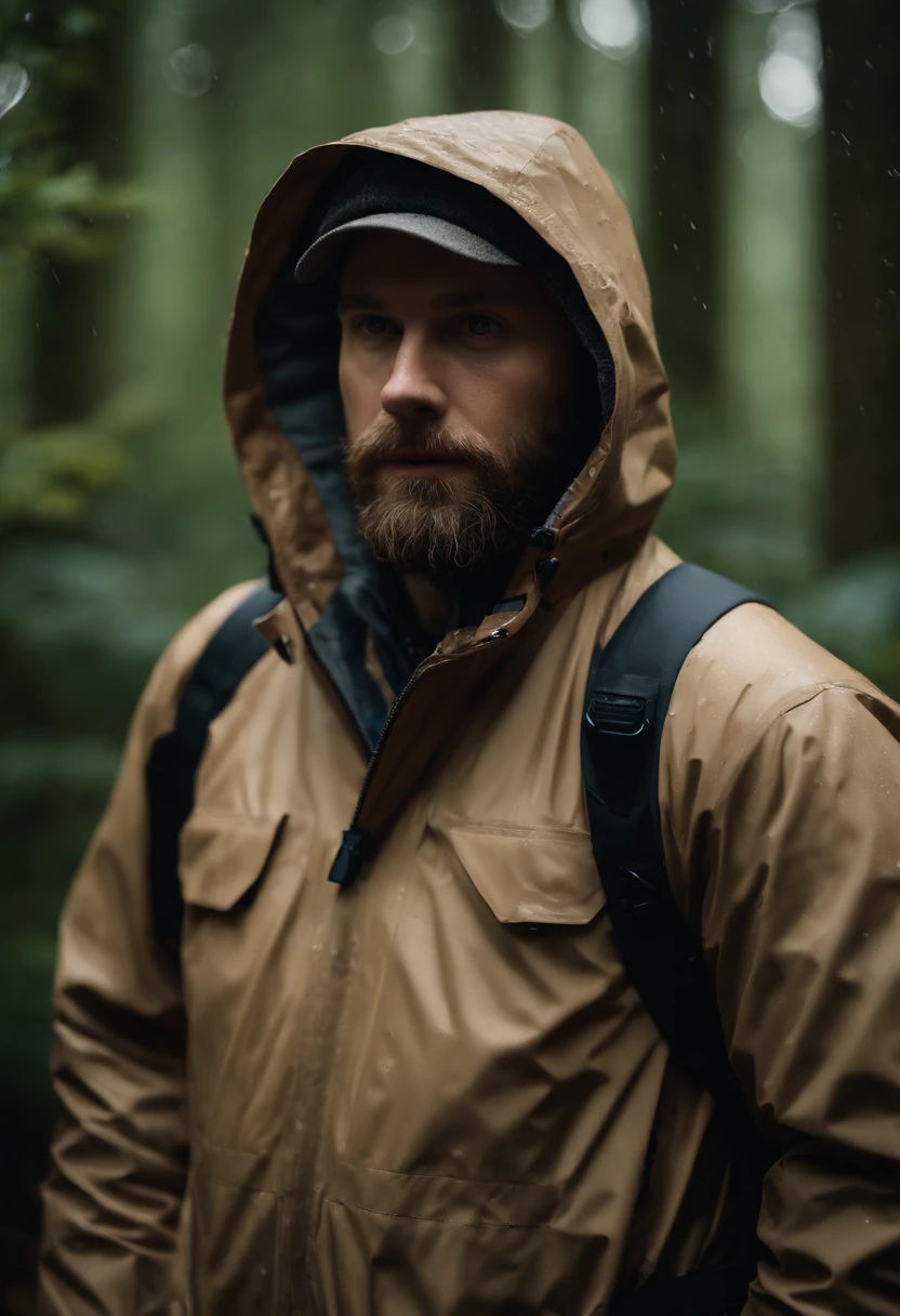 (best quality,4k,highres:1.2),rainy-day photorealistic portrait of a 31-year-old white male photographer in the woods, with a detailed beard. He is holding a professional camera and wearing a zipped up tan rain jacket with the hood up. The raindrops on the jacket should be visible. The atmosphere should feel serene, with a hint of mystery. The lighting should be soft, with a slight foggy effect. The colors should be natural and muted, emphasizing the rainy ambiance.