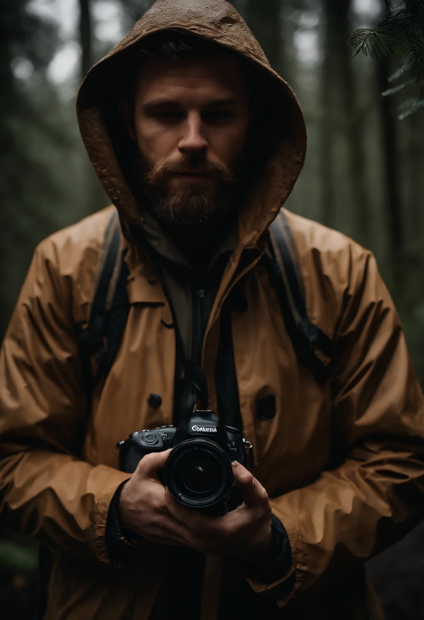 (best quality,4k,highres:1.2),rainy-day photorealistic portrait of a 31-year-old white male photographer in the woods, with a detailed beard. He is holding a professional camera and wearing a zipped up tan rain jacket with the hood up. The raindrops on the jacket should be visible. The atmosphere should feel serene, with a hint of mystery. The lighting should be soft, with a slight foggy effect. The colors should be natural and muted, emphasizing the rainy ambiance.