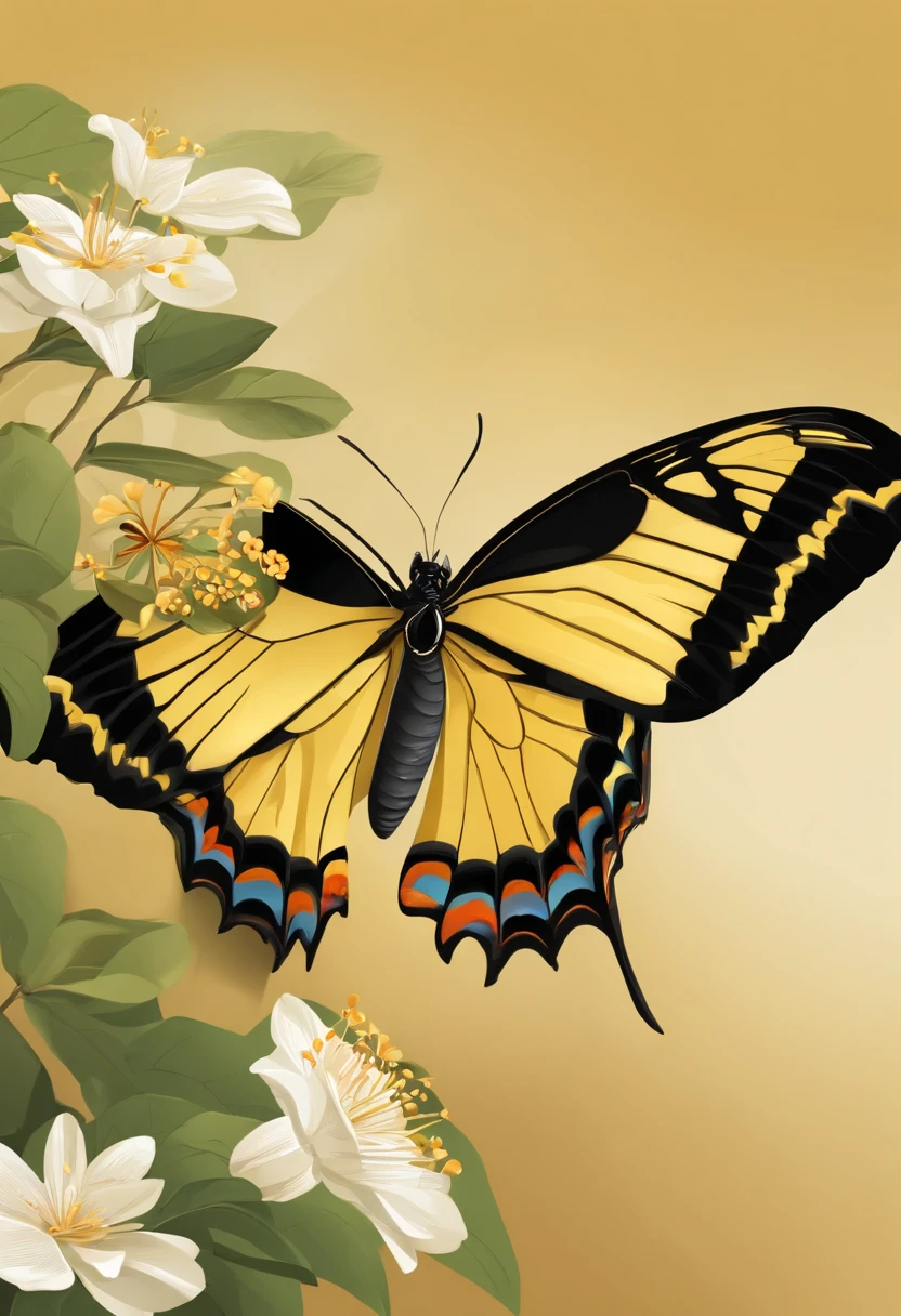 there is a Golden birdwing butterfly that is sitting on a ledge, cel shaded vector art, an illustration of Golden birdwing butterfly, illustration, an illustration of a Golden birdwing butterfly, illustration sharp detail, Golden birdwing butterfly, sharp foccus ilustration, sharp less detail illustration, vector illustration, rendered illustration, illustration detailed, full color illustration, less detailed illustration, Golden birdwing butterfly, made with illustrator, Golden birdwing butterfly