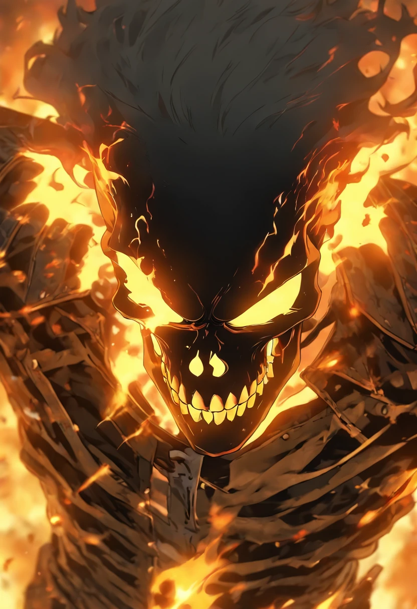 (RAW Photo, Best Quality), (Realistic, Photorealistic Photo: 1.3), Best Quality, Highly Detailed, Masterpiece, Ultra Detailed, Illustration, ghost rider, burning skull, black jacket, black jeans, black shoes, epic background, standing like ghost rider, upper body, ghost riders costume, Best Quality, Extremely Detailed CG Unified 8k Wallpaper, Ink, Amazing, badass look, portrait, close up (skull texture), intricately detailed, fine details, hyperdetailed.