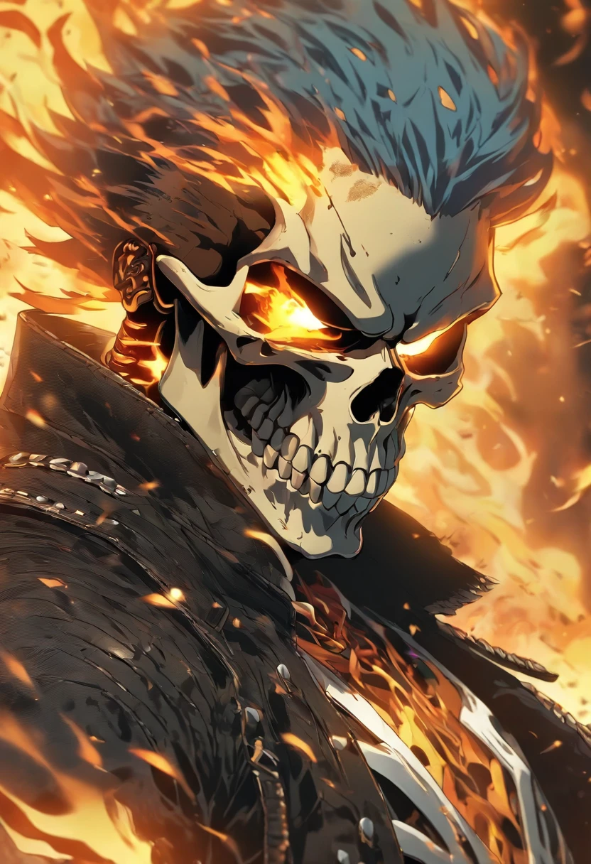 (RAW Photo, Best Quality), (Realistic, Photorealistic Photo: 1.3), Best Quality, Highly Detailed, Masterpiece, Ultra Detailed, Illustration, ghost rider, burning skull, black jacket, black jeans, black shoes, epic background, standing like ghost rider, upper body, ghost riders costume, Best Quality, Extremely Detailed CG Unified 8k Wallpaper, Ink, Amazing, badass look, portrait, close up (skull texture), intricately detailed, fine details, hyperdetailed.