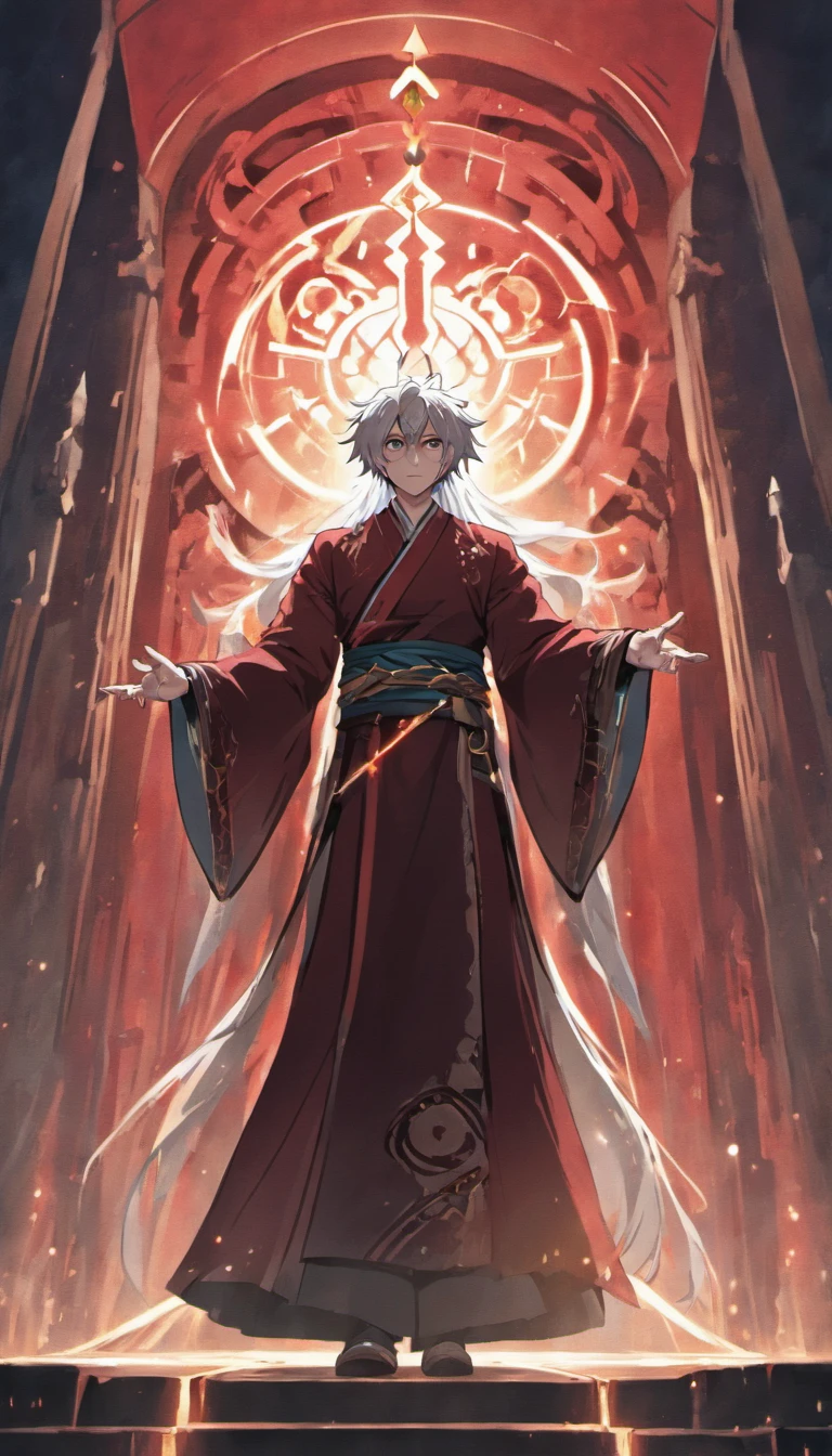 (masterpiece, illustration, anime:1.3), anime boy, Red Eyes, long white hair, oriental elements, in the dark, (classic black attire:1.2), standing inside a temple at night, (messy white hair:1.1), (red eyes emitting red light:1.2), (calm expression:1.1), (uncovered eyes:1.1), (powerful presence:1.2), (mystical atmosphere:1.2), (subtle moonlight:1.1), (intricate temple architecture:1.2), (ominous shadows:1.1), (flowing robes:1.1), (detailed folds and creases:1.1), (intense blue aura:1.2), (symbols of power surrounding him:1.1), (magical energy radiating:1.2), (spellcasting gestures:1.1), (mysterious artifacts:1.1), (ethereal particles:1.1), (dynamic pose:1.2), (epic soundtrack:1.2), (sense of awe:1.1), (magical prowess:1.1)