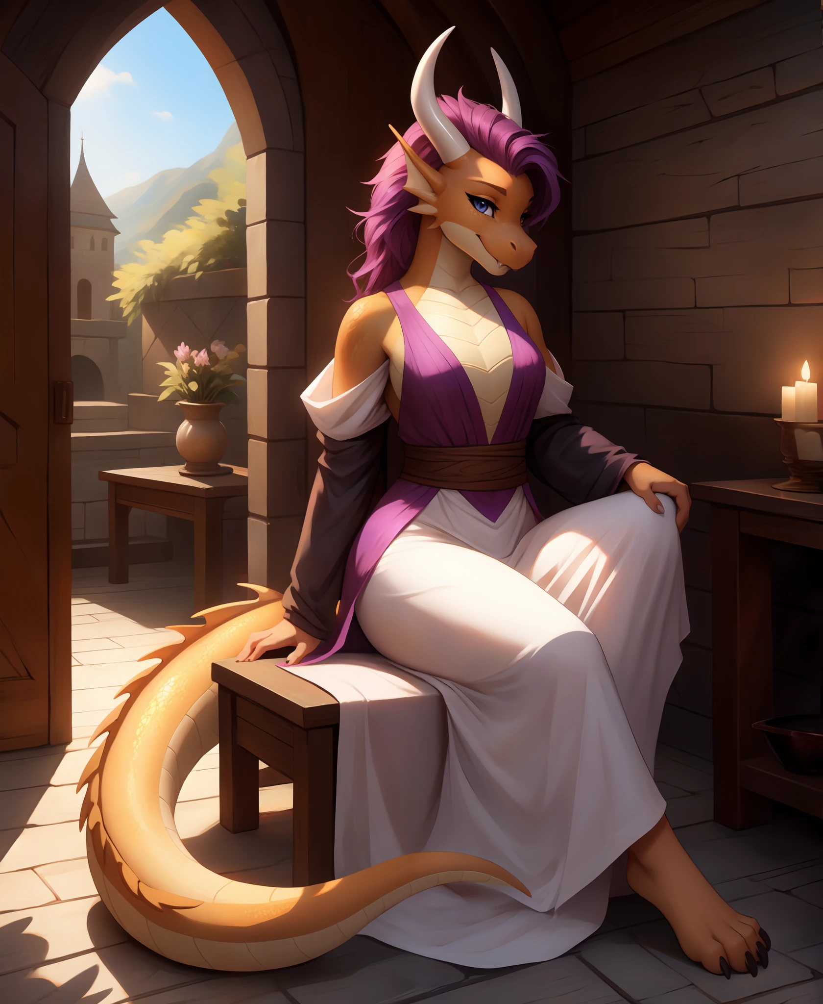 Dragon Girl, purple hair, (Beige dragon horns), ojos cian, escama, patas con garras, Alas extendidas de color naranja, Cola de caballo naranja con pelo morado en la punta, Anthro, Pechos promedio, dragon head, Peinado alto, Vestido negro hinchado de sirvienta, en altura completa, Vestido de sirvienta sexy, criada, Gorro de la criada, legsupms, Calzado, se sienta en una silla, sonrisa astuta, (Sostiene una lanza grande), Pulido de lanzas, Trapo en manos, foyer, Medieval room, lengua que sobresale, Limpia la lanza, cuerpo adulto, levanta la falda, genitales fe******s visibles