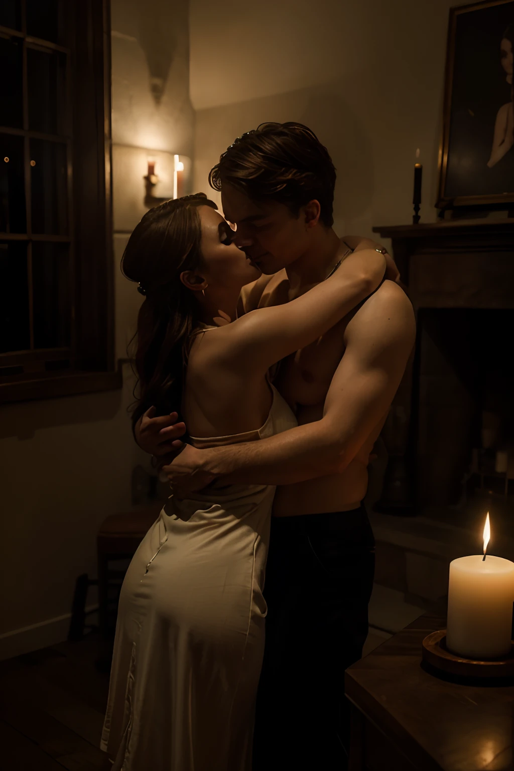 In the dimly lit chambers, Couple hugs warmly. Their strong chemistry is palpable, Get lost in the frenzy of the moment. The room is decorated with flickering candles,Cast captivating shadows on the walls. Their desire is so obvious,So much so that the air seems to vibrate from tension. Captured by Alan von Unwatert, The Fujifilm X-T4 with a 35mm lens is used, Light is made up of warmth, Sexy tones,Highlight their connection. Candlelit studio lighting adds a captivating atmosphere to the scene. 8K, hyper HD, Hyper-Resolution.