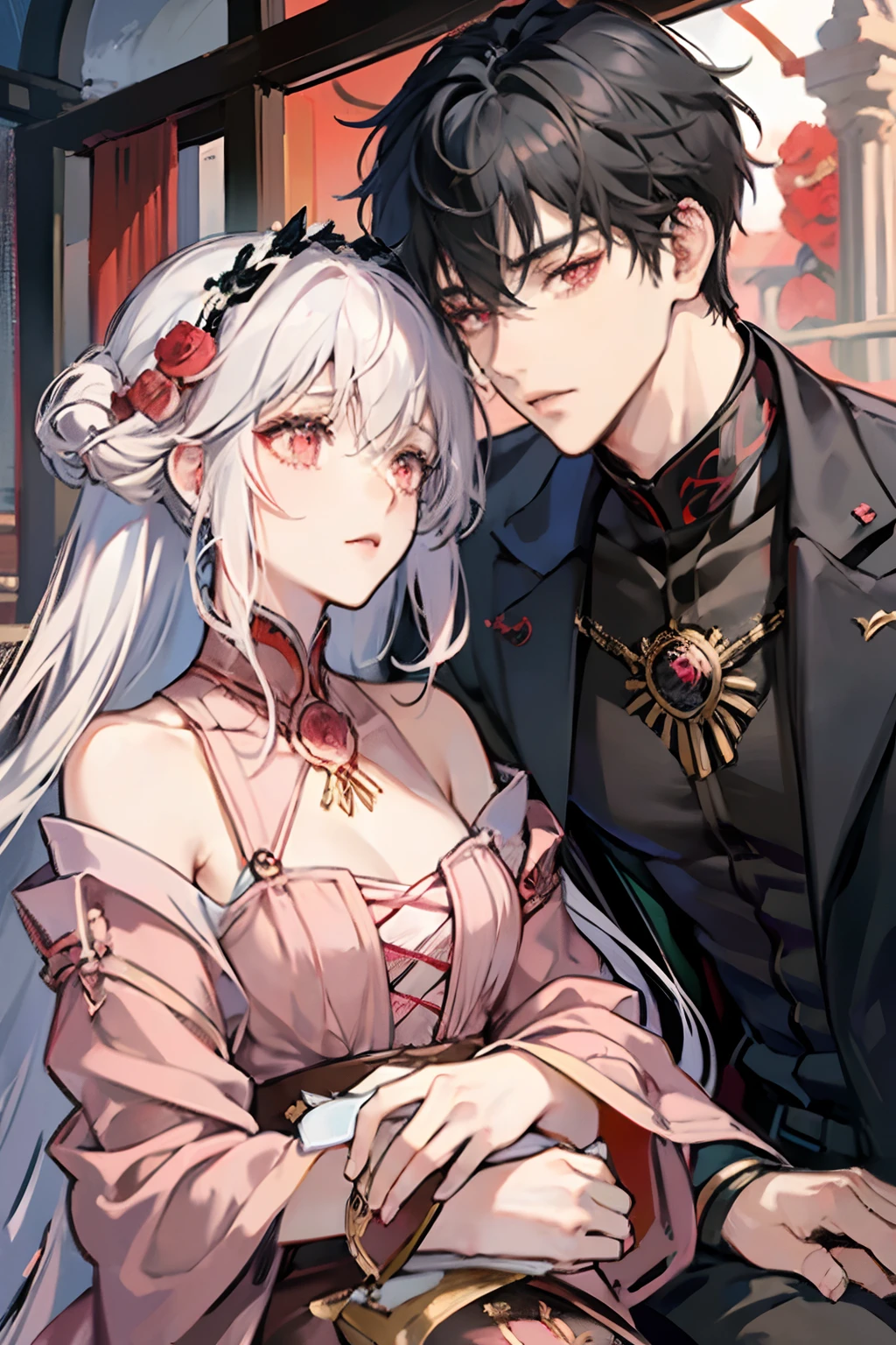 anime couple, 1 male and 1 female, kissing, adult, adult face, human, (male: black hair with bangs), (female: white hair), (male: red eyes), (female: rose pink eyes), (female: small breasts), (female: shy), fantasy, medieval times