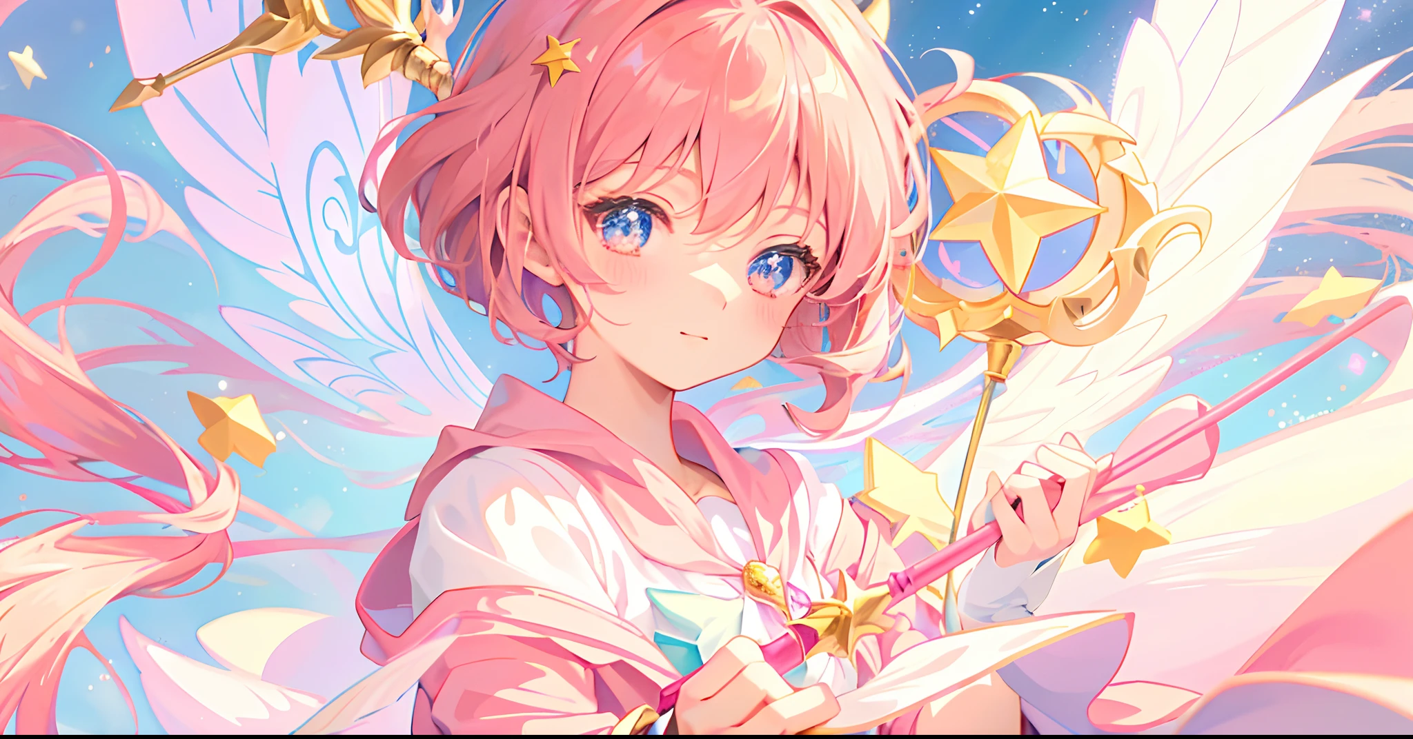 k hd，Anime girl with wand and star wand in her hand, portrait of magical girl, sparkling magical girl, magical little girl, cardcaptor sakura, pin on anime, clean and meticulous anime art, magical girl anime mahou shojo, beautiful anime art style, cute anime girl portraits, carrying a magical staff, zerochan art, lovely art style, astral fairy, Soft anime illustration