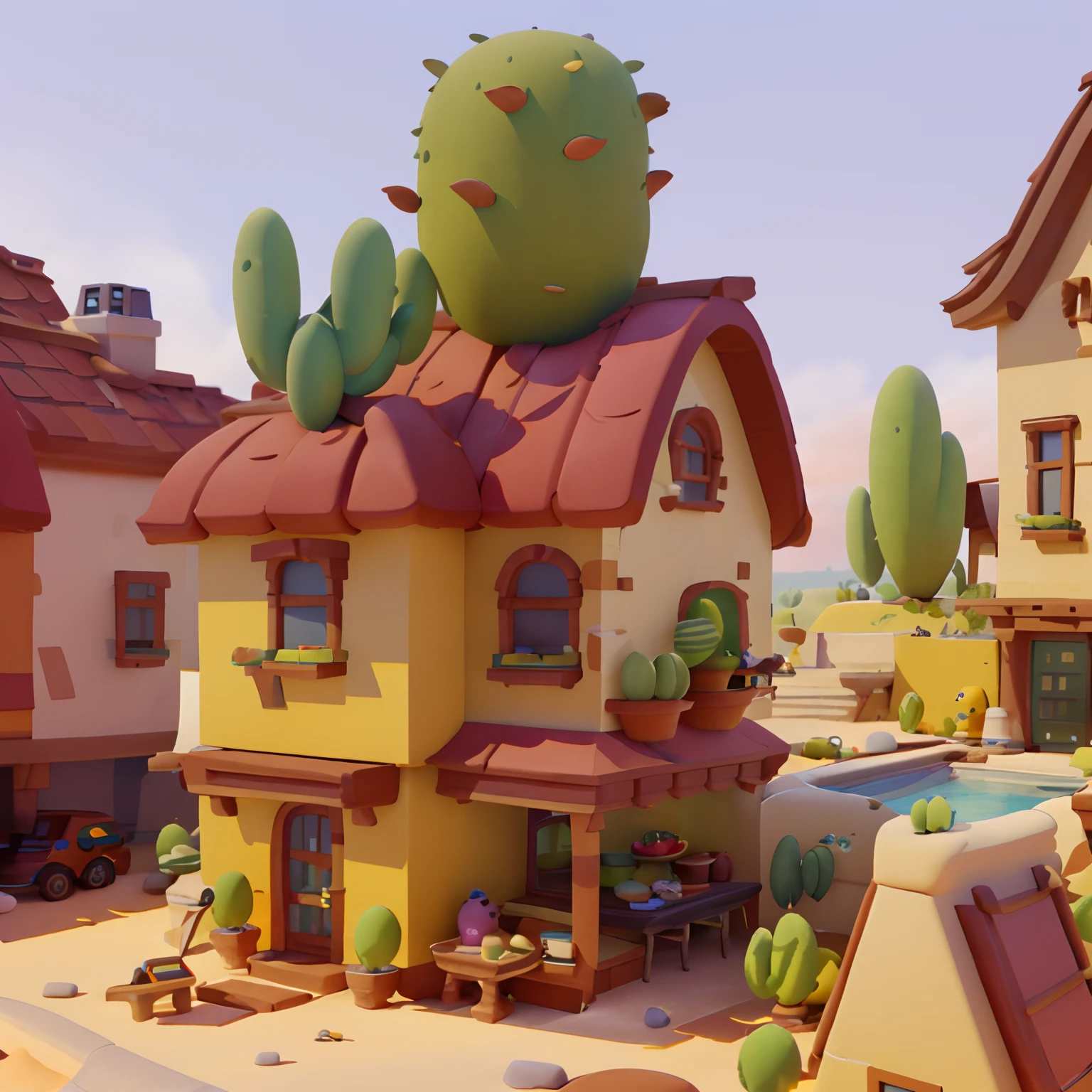 Game architectural design, Cartoony,Cactus House,The cactus matches the architecture,casual game style, Cactus architecture,C4D,closeup cleavage,tmasterpiece,super detailing,best qualtiy