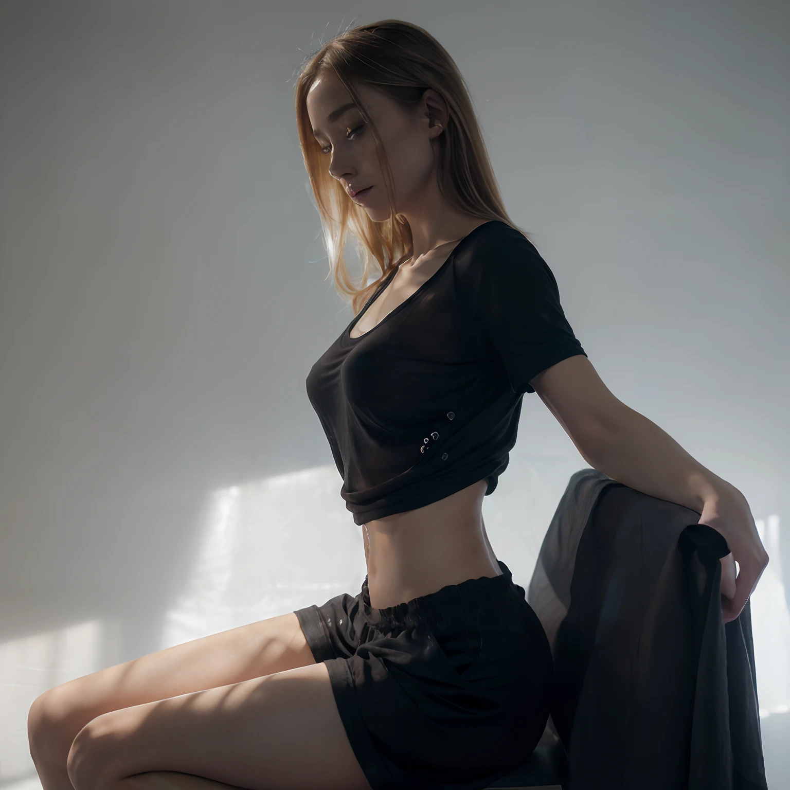 photorealistic, masterpiece, best quality, raw photo, 1girl, solo, long hair, brown hair, detailed face, alluring face, collared shirt, medium breasts, dynamic pose, looking at viewer, from below, detailed background, fine detailed, intricate detail, ray tracing, depth of field, low key, hdr